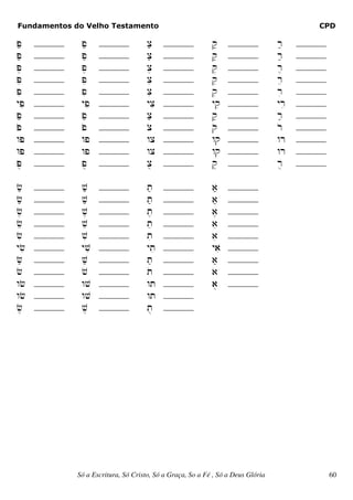 Fundamentos do Velho Testamento                                                                CPD

P;    _______    p;    _______          c;    _______         q;    _______         r;    _______
P;    _______    p;    _______          c;    _______         q;    _______         r;    _______
P,    _______    p,    _______          c,    _______         q,    _______         r,    _______
Pe    _______    pe    _______          ce    _______         qe    _______         re    _______
Pi    _______    pi    _______          ci    _______         qi    _______         ri    _______
yPi   _______    ypi   _______          yci   _______         yqi   _______         yri   _______
P;    _______    p;    _______          c;    _______         q;    _______         r;    _______
Poo   _______    poo   _______          coo   _______         qoo   _______         roo   _______
wP    _______    wp    _______          wc    _______         wq    _______         wr    _______
WP    _______    wp    _______          wc    _______         wq    _______         wr    _______
Pu    _______    pu    _______          cu    _______         qu    _______         ru    _______


f;    _______    v;    _______          t;    _______         a;    _______
f;    _______    v;    _______          t;    _______         a;    _______
f,    _______    v,    _______          t,    _______         a,    _______
fe    _______    ve    _______          te    _______         ae    _______
fi    _______    vi    _______          ti    _______         ai    _______
yfi   _______    yvi   _______          yti   _______         yai   _______
f;    _______    v;    _______          t;    _______         a;    _______
foo   _______    voo   _______          too   _______         ao    _______
wf    _______    wv    _______          wt    _______         au    _______
wf    _______    wv    _______          wt    _______
fu    _______    vu    _______          tu    _______




                Só a Escritura, Só Cristo, Só a Graça, So a Fé , Só a Deus Glória                   60
 
