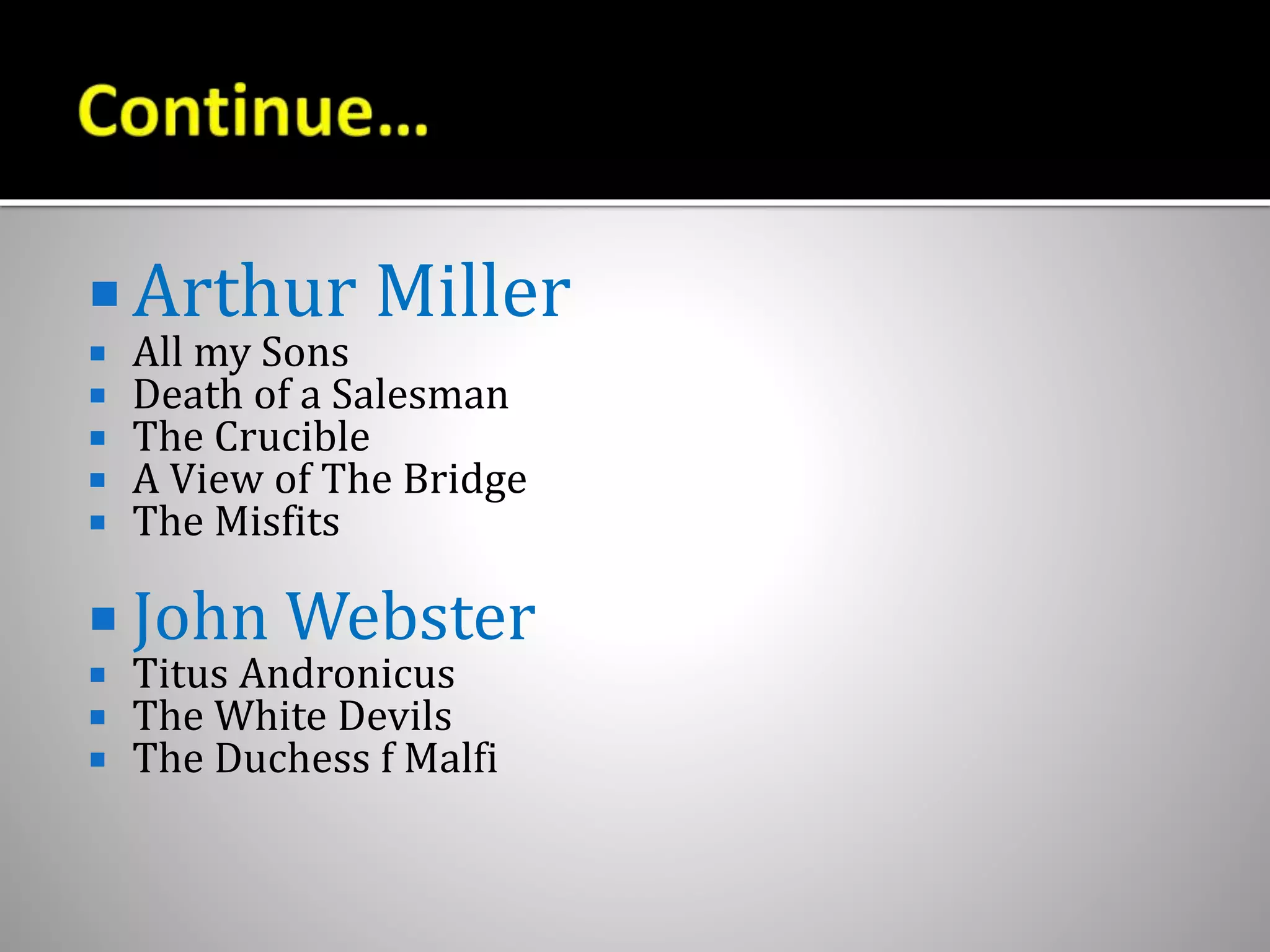  Arthur Miller
 All my Sons
 Death of a Salesman
 The Crucible
 A View of The Bridge
 The Misfits
 John Webster
 Titus Andronicus
 The White Devils
 The Duchess f Malfi
 