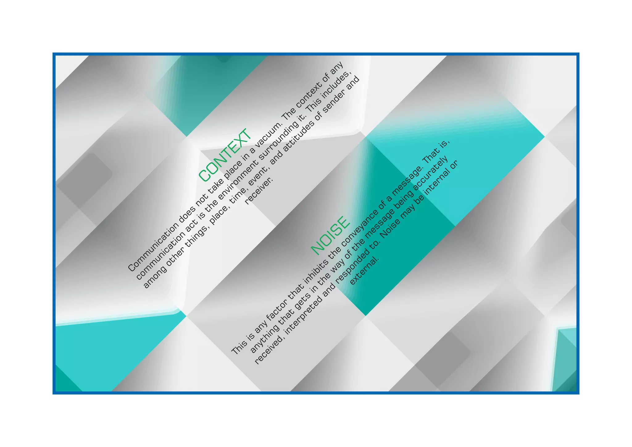 CO
N
TEXT
Com
m
unication
does
not
take
place
in
a
vacuum
. The
context
of any
com
m
unication
act
is
the
environm
ent
surrounding
it. This
includes,
am
ong
other
things, place, tim
e, event, and
attitudes
of sender
and
receiver.
N
O
IS
E
This
is
any
factor
that
inhibits
the
conveyance
ofa
m
essage.That
is,
anything
that
gets
in
the
w
ay
ofthe
m
essage
being
accurately
received,interpreted
and
responded
to.N
oise
m
ay
be
internalor
external.
 