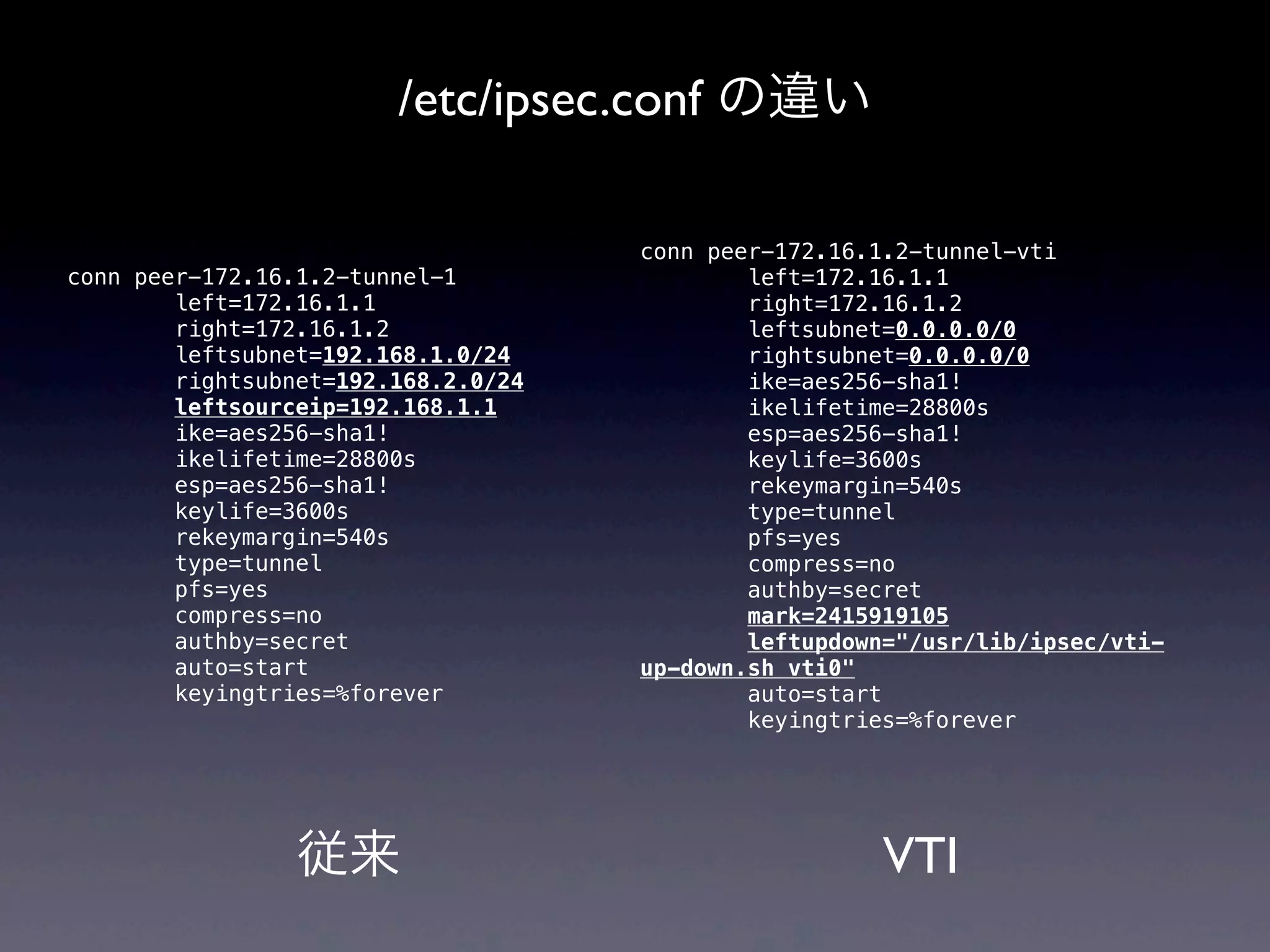 /etc/ipsec.conf の違い

                                     conn peer-172.16.1.2-tunnel-vti
conn peer-172.16.1.2-tunnel-1                left=172.16.1.1
        left=172.16.1.1                      right=172.16.1.2
        right=172.16.1.2                     leftsubnet=0.0.0.0/0
        leftsubnet=192.168.1.0/24            rightsubnet=0.0.0.0/0
        rightsubnet=192.168.2.0/24           ike=aes256-sha1!
        leftsourceip=192.168.1.1             ikelifetime=28800s
        ike=aes256-sha1!                     esp=aes256-sha1!
        ikelifetime=28800s                   keylife=3600s
        esp=aes256-sha1!                     rekeymargin=540s
        keylife=3600s                        type=tunnel
        rekeymargin=540s                     pfs=yes
        type=tunnel                          compress=no
        pfs=yes                              authby=secret
        compress=no                          mark=2415919105
        authby=secret                        leftupdown="/usr/lib/ipsec/vti-
        auto=start                   up-down.sh vti0"
        keyingtries=%forever                 auto=start
                                             keyingtries=%forever




                 従来                                    VTI
 