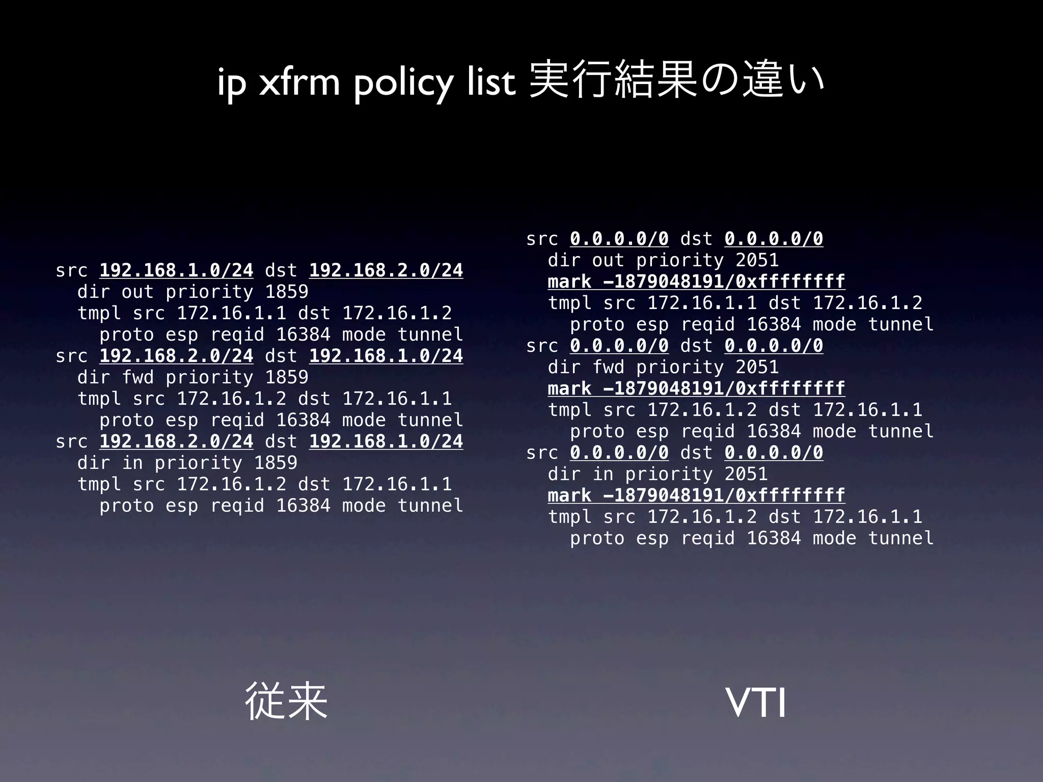 ip xfrm policy list 実行結果の違い


                                        src 0.0.0.0/0 dst 0.0.0.0/0
                                          dir out priority 2051
src 192.168.1.0/24 dst 192.168.2.0/24
                                          mark -1879048191/0xffffffff
  dir out priority 1859
                                          tmpl src 172.16.1.1 dst 172.16.1.2
  tmpl src 172.16.1.1 dst 172.16.1.2
                                            proto esp reqid 16384 mode tunnel
    proto esp reqid 16384 mode tunnel
                                        src 0.0.0.0/0 dst 0.0.0.0/0
src 192.168.2.0/24 dst 192.168.1.0/24
                                          dir fwd priority 2051
  dir fwd priority 1859
                                          mark -1879048191/0xffffffff
  tmpl src 172.16.1.2 dst 172.16.1.1
                                          tmpl src 172.16.1.2 dst 172.16.1.1
    proto esp reqid 16384 mode tunnel
                                            proto esp reqid 16384 mode tunnel
src 192.168.2.0/24 dst 192.168.1.0/24
                                        src 0.0.0.0/0 dst 0.0.0.0/0
  dir in priority 1859
                                          dir in priority 2051
  tmpl src 172.16.1.2 dst 172.16.1.1
                                          mark -1879048191/0xffffffff
    proto esp reqid 16384 mode tunnel
                                          tmpl src 172.16.1.2 dst 172.16.1.1
                                            proto esp reqid 16384 mode tunnel




                 従来                                       VTI
 