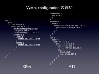 Vyatta conﬁguration の違い
                                    interfaces {
                                      vti vti0 {
                                      }
                                    }
vpn {
                                    protocols {
  ipsec {
                                      static
    site-to-site {
                                        interface-route 192.168.2.0/24 {
      peer 172.16.1.2 {
                                          next-hop-interface vti0 {
        default-esp-group ESP-G
                                          }
        ike-group IKE-G
                                        }
        local-address 172.16.1.1
                                      }
        tunnel 1 {
                                    }
          local {
                                    vpn {
            prefix 192.168.1.0/24
                                      ipsec {
          }
                                        site-to-site {
          remote {
                                          peer 172.16.1.2 {
            prefix 192.168.2.0/24
                                             ike-group IKE-G
          }
                                             local-address 172.16.1.1
        }
                                            vti {
      }
                                               bind vti0
    }
                                               esp-group ESP-G
  }
                                            }
}
                                          }
                                        }
                                      }
                                    }
                 従来                                   VTI
 
