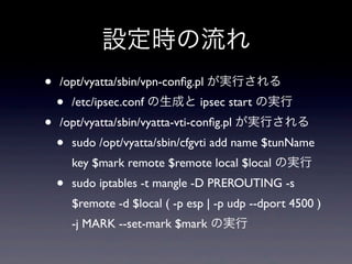 設定時の流れ
•   /opt/vyatta/sbin/vpn-conﬁg.pl が実行される
    •   /etc/ipsec.conf の生成と ipsec start の実行
•   /opt/vyatta/sbin/vyatta-vti-conﬁg.pl が実行される
    •   sudo /opt/vyatta/sbin/cfgvti add name $tunName  
        key $mark remote $remote local $local の実行
    •   sudo iptables -t mangle -D PREROUTING -s  
        $remote -d $local ( -p esp | -p udp --dport 4500 ) 
        -j MARK --set-mark $mark の実行
 