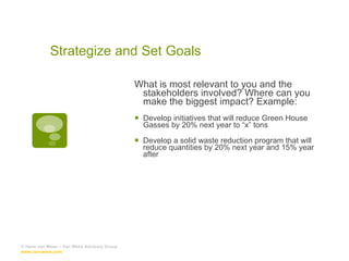 Strategize and Set Goals What is most relevant to you and the stakeholders involved? Where can you make the biggest impact? Example: Develop initiatives that will reduce Green House Gasses by 20% next year to “x” tons Develop a solid waste reduction program that will reduce quantities by 20% next year and 15% year after © Hans van Wees – Van Wees Advisory Group  www.van-wees.com   