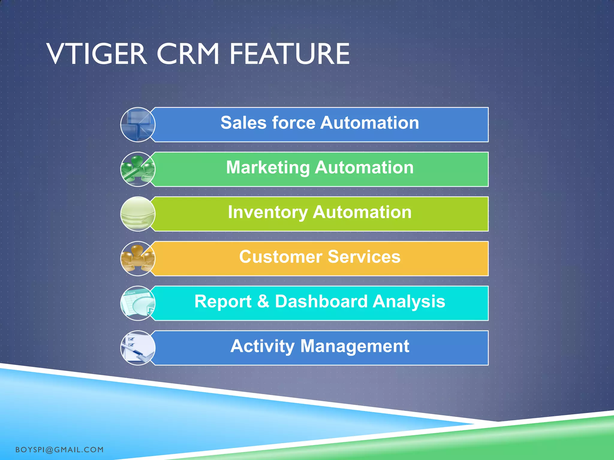 VTIGER CRM FEATURE
Sales force Automation
Marketing Automation
Inventory Automation
Customer Services
Report & Dashboard Analysis
Activity Management
BOYSPI@GMAIL.COM
 