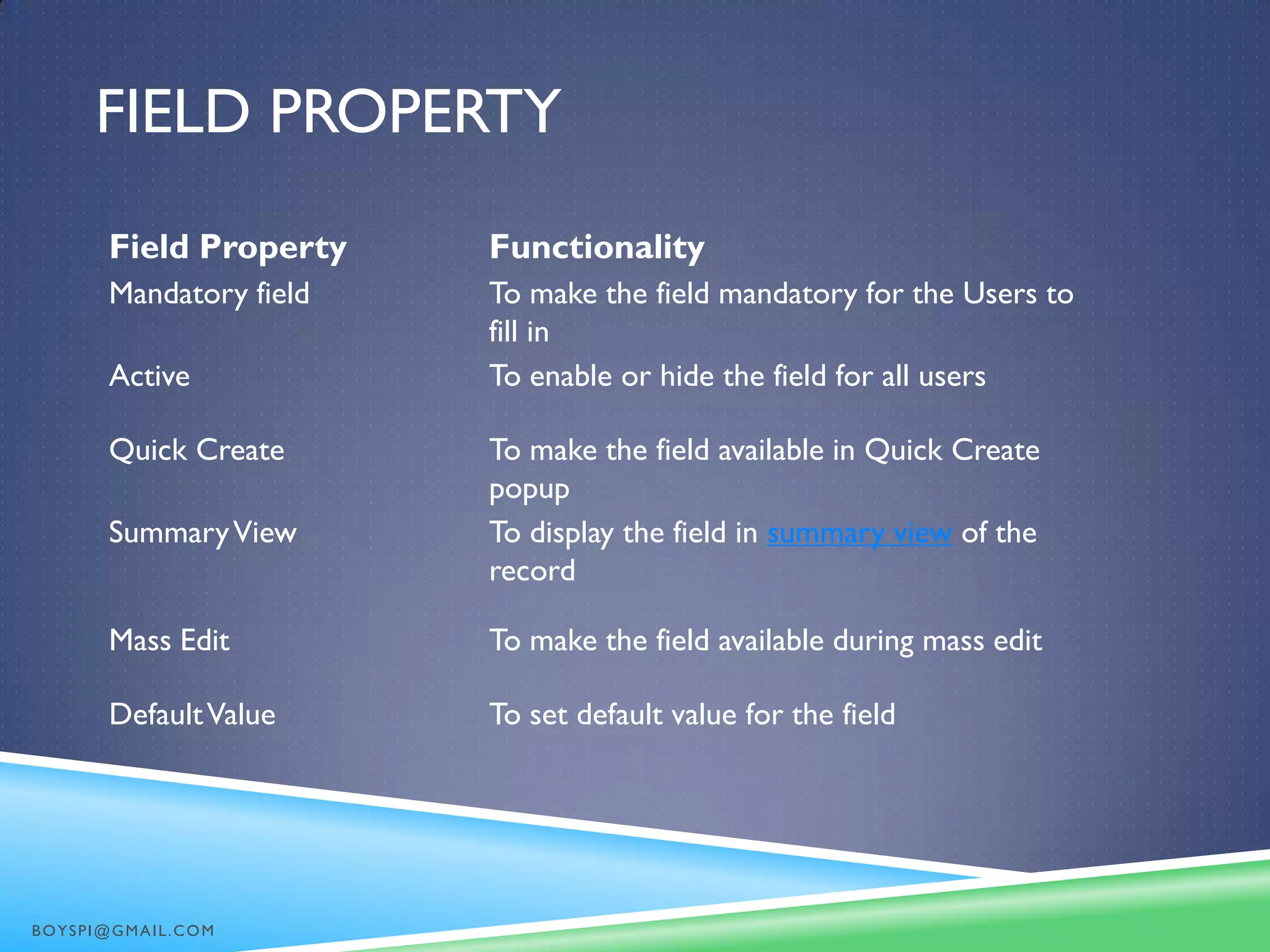 FIELD PROPERTY
Field Property Functionality
Mandatory field To make the field mandatory for the Users to
fill in
Active To enable or hide the field for all users
Quick Create To make the field available in Quick Create
popup
SummaryView To display the field in summary view of the
record
Mass Edit To make the field available during mass edit
DefaultValue To set default value for the field
BOYSPI@GMAIL.COM
 