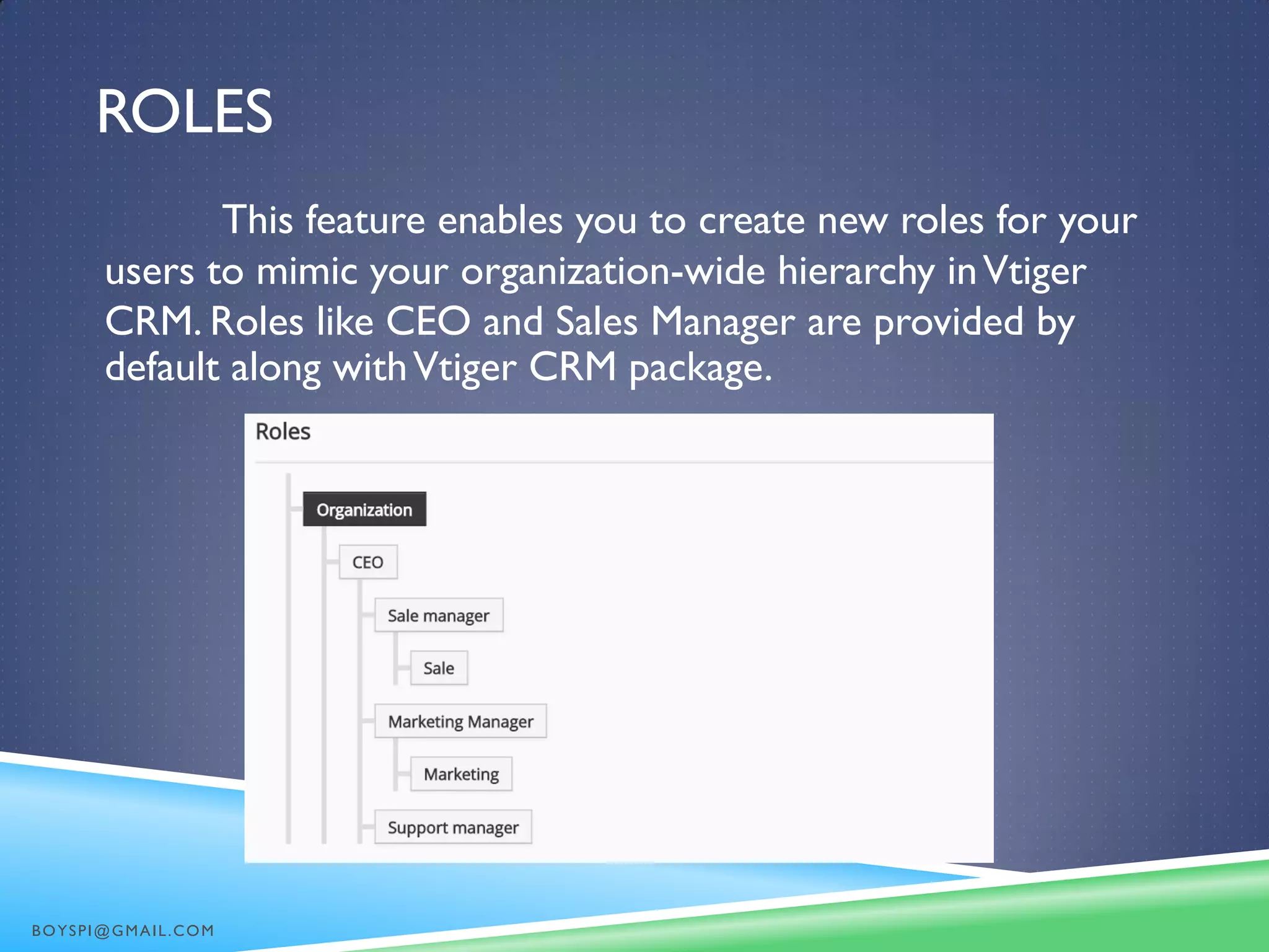 ROLES
This feature enables you to create new roles for your
users to mimic your organization-wide hierarchy inVtiger
CRM. Roles like CEO and Sales Manager are provided by
default along withVtiger CRM package.
BOYSPI@GMAIL.COM
 