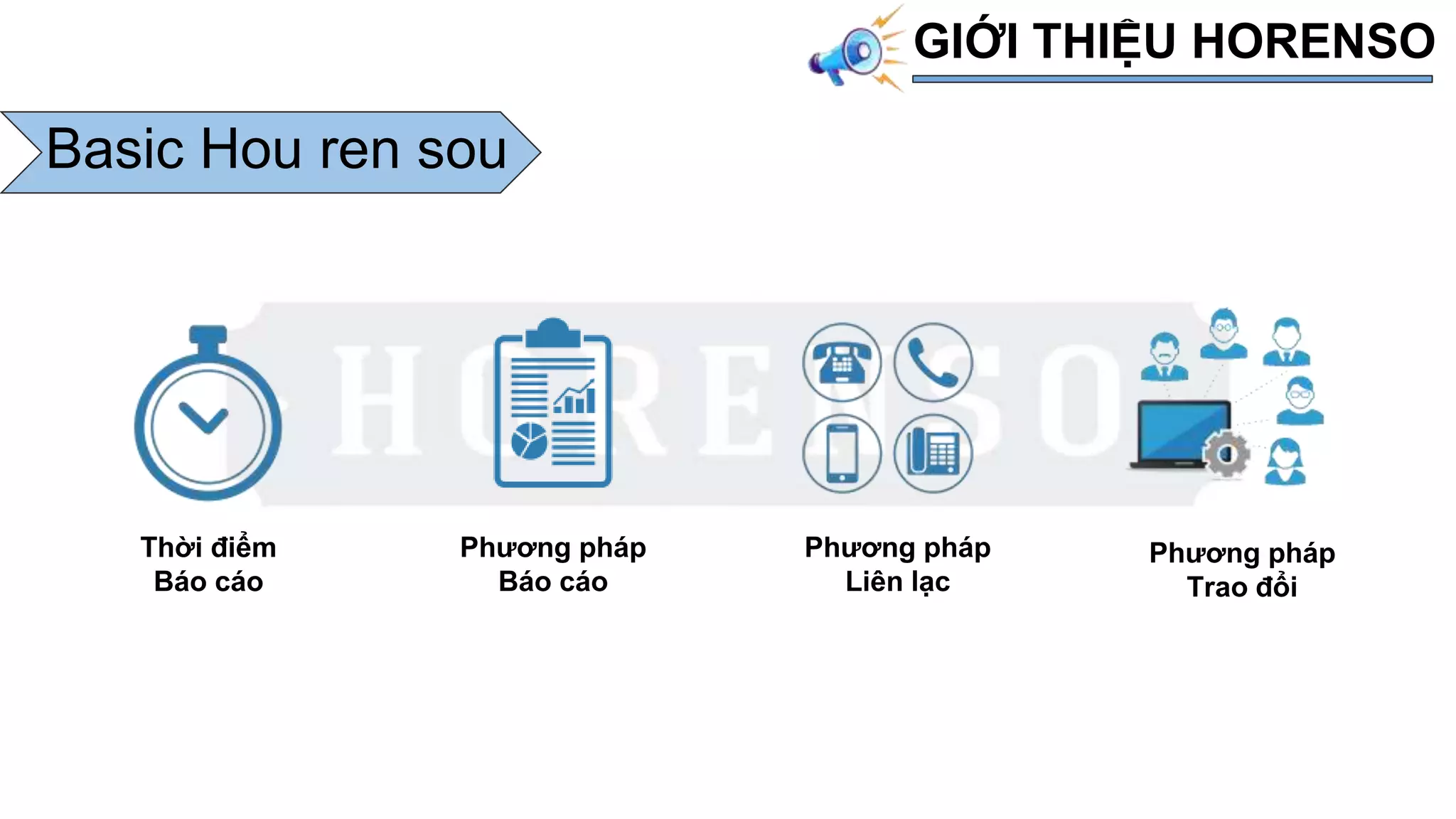 GIỚI THIỆU HORENSO
Thời điểm
Báo cáo
Phương pháp
Báo cáo
Phương pháp
Liên lạc
Phương pháp
Trao đổi
Basic Hou ren sou
 
