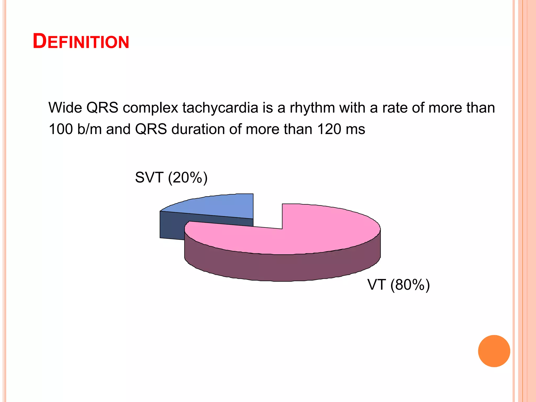 DEFINITION
Wide QRS complex tachycardia is a rhythm with a rate of more than
100 b/m and QRS duration of more than 120 ms
VT (80%)
SVT (20%)
 