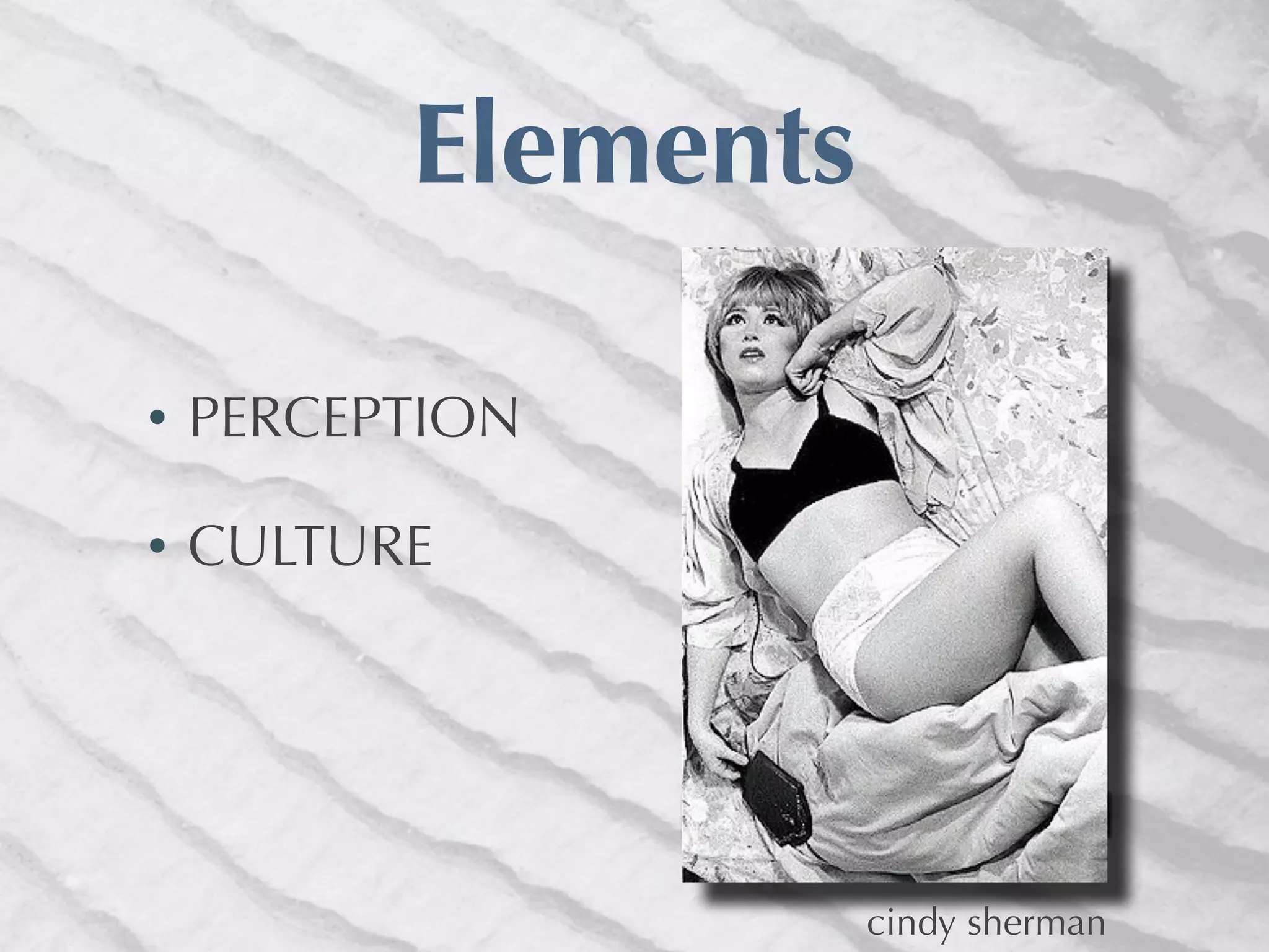Elements

•   PERCEPTION

•   CULTURE




                     cindy sherman
 