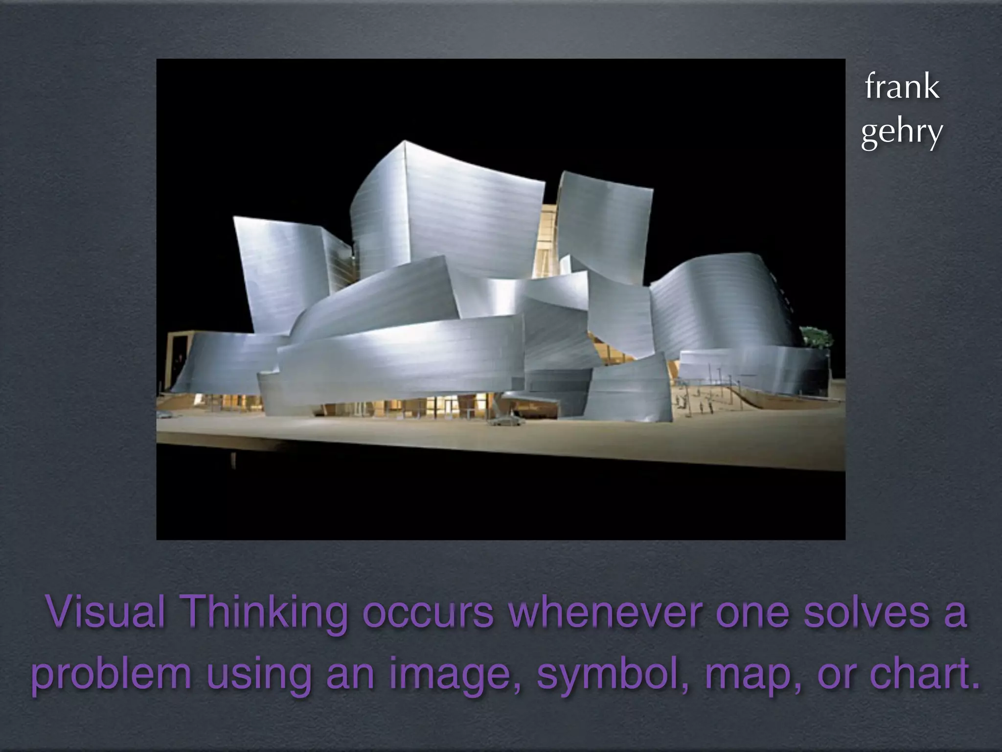 frank
                                        gehry




 Visual Thinking occurs whenever one solves a
problem using an image, symbol, map, or chart.
 