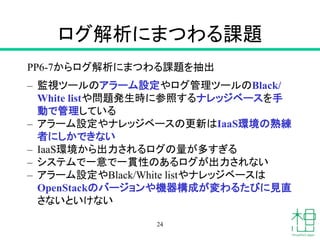 ログ解析にまつわる課題
PP6-7からログ解析にまつわる課題を抽出
– 監視ツールのアラーム設定やログ管理ツールのBlack/
White listや問題発生時に参照するナレッジベースを手
動で管理している
– アラーム設定やナレッジベースの更新はIaaS環境の熟練
者にしかできない
– IaaS環境から出力されるログの量が多すぎる
– システムで一意で一貫性のあるログが出力されない
– アラーム設定やBlack/White listやナレッジベースは
OpenStackのバージョンや機器構成が変わるたびに見直
さないといけない
24
 