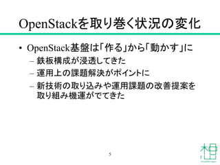 OpenStackを取り巻く状況の変化
• OpenStack基盤は「作る」から「動かす」に
– 鉄板構成が浸透してきた
– 運用上の課題解決がポイントに
– 新技術の取り込みや運用課題の改善提案を
取り組み機運がでてきた
5
 