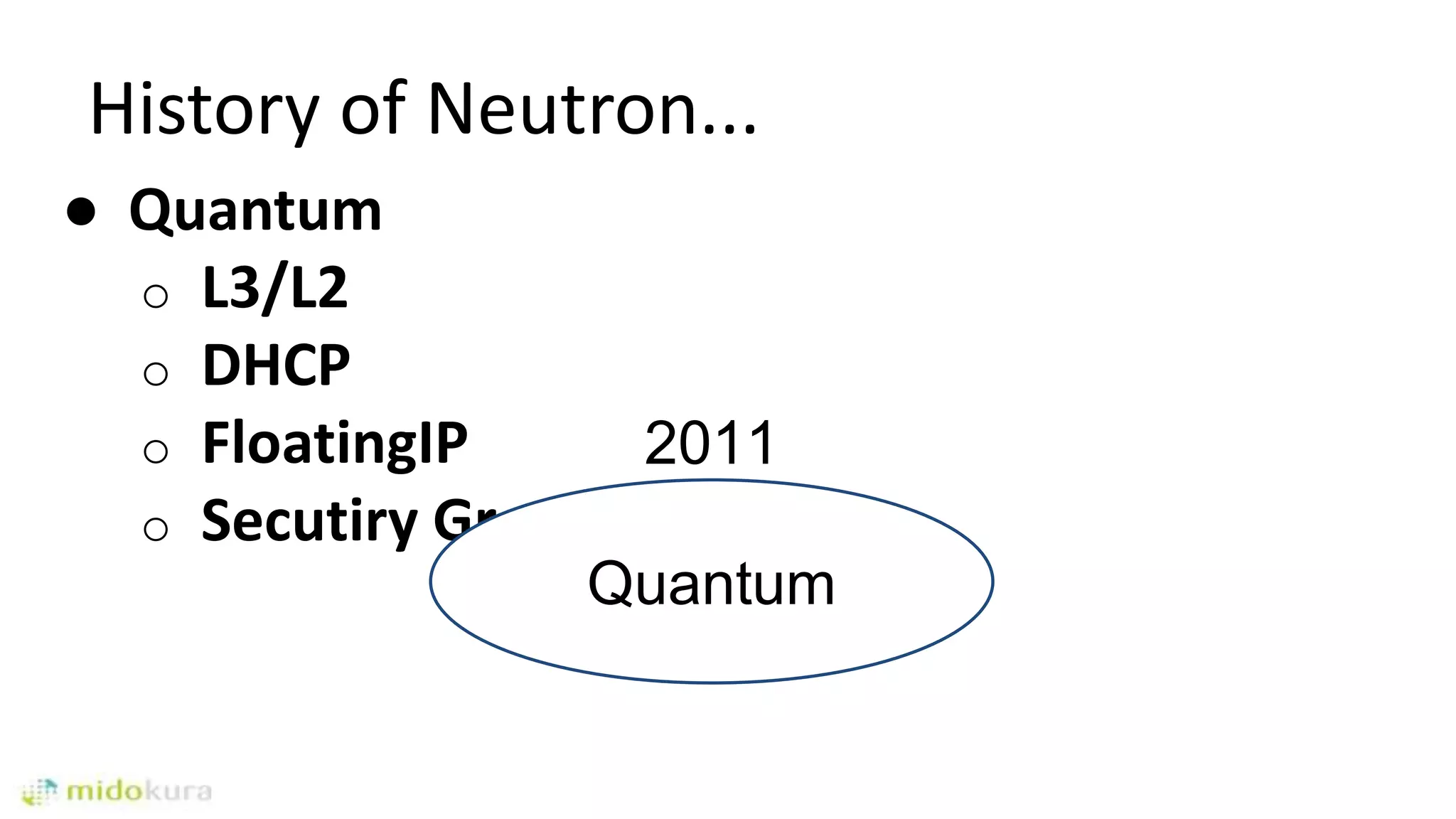 History of Neutron...
● Quantum
o L3/L2
o DHCP
o FloatingIP
o Secutiry Group
2011
Quantum
 