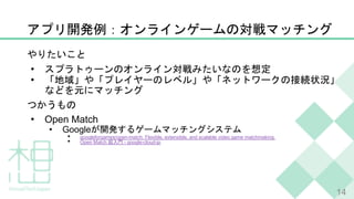 •
•
• Open Match
• Google
• googleforgames/open-match: Flexible, extensible, and scalable video game matchmaking.
• Open Match - google-cloud-jp
14
 
