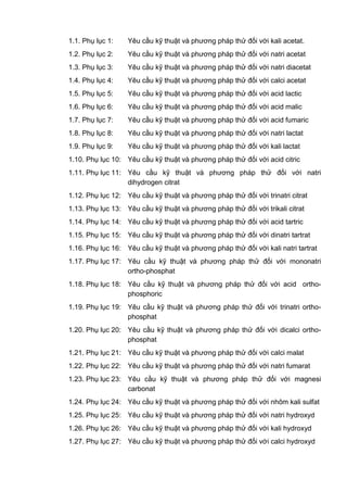 1.1. Phụ lục 1: Yêu cầu kỹ thuật và phương pháp thử đối với kali acetat.
1.2. Phụ lục 2: Yêu cầu kỹ thuật và phương pháp thử đối với natri acetat
1.3. Phụ lục 3: Yêu cầu kỹ thuật và phương pháp thử đối với natri diacetat
1.4. Phụ lục 4: Yêu cầu kỹ thuật và phương pháp thử đối với calci acetat
1.5. Phụ lục 5: Yêu cầu kỹ thuật và phương pháp thử đối với acid lactic
1.6. Phụ lục 6: Yêu cầu kỹ thuật và phương pháp thử đối với acid malic
1.7. Phụ lục 7: Yêu cầu kỹ thuật và phương pháp thử đối với acid fumaric
1.8. Phụ lục 8: Yêu cầu kỹ thuật và phương pháp thử đối với natri lactat
1.9. Phụ lục 9: Yêu cầu kỹ thuật và phương pháp thử đối với kali lactat
1.10. Phụ lục 10: Yêu cầu kỹ thuật và phương pháp thử đối với acid citric
1.11. Phụ lục 11: Yêu cầu kỹ thuật và phương pháp thử đối với natri
dihydrogen citrat
1.12. Phụ lục 12: Yêu cầu kỹ thuật và phương pháp thử đối với trinatri citrat
1.13. Phụ lục 13: Yêu cầu kỹ thuật và phương pháp thử đối với trikali citrat
1.14. Phụ lục 14: Yêu cầu kỹ thuật và phương pháp thử đối với acid tartric
1.15. Phụ lục 15: Yêu cầu kỹ thuật và phương pháp thử đối với dinatri tartrat
1.16. Phụ lục 16: Yêu cầu kỹ thuật và phương pháp thử đối với kali natri tartrat
1.17. Phụ lục 17: Yêu cầu kỹ thuật và phương pháp thử đối với mononatri
ortho-phosphat
1.18. Phụ lục 18: Yêu cầu kỹ thuật và phương pháp thử đối với acid ortho-
phosphoric
1.19. Phụ lục 19: Yêu cầu kỹ thuật và phương pháp thử đối với trinatri ortho-
phosphat
1.20. Phụ lục 20: Yêu cầu kỹ thuật và phương pháp thử đối với dicalci ortho-
phosphat
1.21. Phụ lục 21: Yêu cầu kỹ thuật và phương pháp thử đối với calci malat
1.22. Phụ lục 22: Yêu cầu kỹ thuật và phương pháp thử đối với natri fumarat
1.23. Phụ lục 23: Yêu cầu kỹ thuật và phương pháp thử đối với magnesi
carbonat
1.24. Phụ lục 24: Yêu cầu kỹ thuật và phương pháp thử đối với nhôm kali sulfat
1.25. Phụ lục 25: Yêu cầu kỹ thuật và phương pháp thử đối với natri hydroxyd
1.26. Phụ lục 26: Yêu cầu kỹ thuật và phương pháp thử đối với kali hydroxyd
1.27. Phụ lục 27: Yêu cầu kỹ thuật và phương pháp thử đối với calci hydroxyd
 