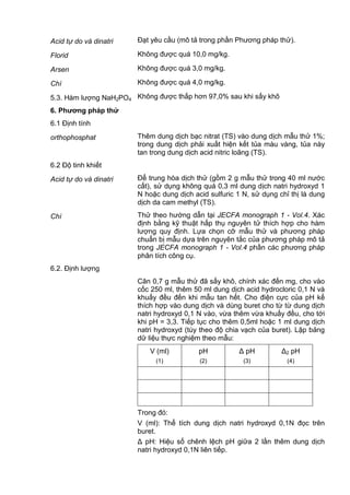 Acid tự do và dinatri Đạt yêu cầu (mô tả trong phần Phương pháp thử).
Florid Không được quá 10,0 mg/kg.
Arsen Không được quá 3,0 mg/kg.
Chì Không được quá 4,0 mg/kg.
5.3. Hàm lượng NaH2PO4 Không được thấp hơn 97,0% sau khi sấy khô
6. Phƣơng pháp thử
6.1 Định tính
orthophosphat Thêm dung dịch bạc nitrat (TS) vào dung dịch mẫu thử 1%;
trong dung dịch phải xuất hiện kết tủa màu vàng, tủa này
tan trong dung dịch acid nitric loãng (TS).
6.2 Độ tinh khiết
Acid tự do và dinatri Để trung hòa dịch thử (gồm 2 g mẫu thử trong 40 ml nước
cất), sử dụng không quá 0,3 ml dung dịch natri hydroxyd 1
N hoặc dung dịch acid sulfuric 1 N, sử dụng chỉ thị là dung
dịch da cam methyl (TS).
Chì Thử theo hướng dẫn tại JECFA monograph 1 - Vol.4. Xác
định bằng kỹ thuật hấp thụ nguyên tử thích hợp cho hàm
lượng quy định. Lựa chọn cỡ mẫu thử và phương pháp
chuẩn bị mẫu dựa trên nguyên tắc của phương pháp mô tả
trong JECFA monograph 1 - Vol.4 phần các phương pháp
phân tích công cụ.
6.2. Định lượng
Cân 0,7 g mẫu thử đã sấy khô, chính xác đến mg, cho vào
cốc 250 ml, thêm 50 ml dung dịch acid hydrocloric 0,1 N và
khuấy đều đến khi mẫu tan hết. Cho điện cực của pH kế
thích hợp vào dung dịch và dùng buret cho từ từ dung dịch
natri hydroxyd 0,1 N vào, vừa thêm vừa khuấy đều, cho tới
khi pH = 3,3. Tiếp tục cho thêm 0,5ml hoặc 1 ml dung dịch
natri hydroxyd (tùy theo độ chia vạch của buret). Lập bảng
dữ liệu thực nghiệm theo mẫu:
V (ml)
(1)
pH
(2)
Δ pH
(3)
Δ2 pH
(4)
Trong đó:
V (ml): Thể tích dung dịch natri hydroxyd 0,1N đọc trên
buret.
Δ pH: Hiệu số chênh lệch pH giữa 2 lần thêm dung dịch
natri hydroxyd 0,1N liên tiếp.
 