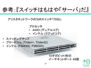 参考：『スイッチはもはや「サーバ」だ』	
26
10ギガビット/秒の
イーサネットポート 48個	
アリスタネットワークのToRスイッチ「7050」	
プロセッサ
•  ＡＭＤ (デュアルコア)
•  インテル (クアッドコア)	
•  スイッチングチップ
•  ブロードコム (Triden+, Trident2)
•  インテル (FM4000, FM6000)	
 