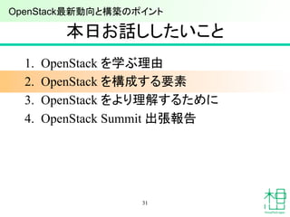 本日お話ししたいこと	
1.  OpenStack を学ぶ理由
2.  OpenStack を構成する要素
3.  OpenStack をより理解するために
4.  OpenStack Summit 出張報告
31
OpenStack最新動向と構築のポイント 	
 