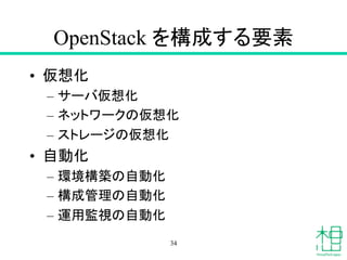 OpenStack を構成する要素	
•  仮想化
–  サーバ仮想化
–  ネットワークの仮想化
–  ストレージの仮想化
•  自動化
–  環境構築の自動化
–  構成管理の自動化
–  運用監視の自動化
34
 