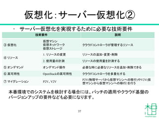 仮想化：サーバー仮想化②	
•  サーバー仮想化を実現するために必要な技術要件	
37
技術要件	
 説明	
③ 仮想化	
仮想マシン
仮想ネットワーク
仮想ストレージ
クラウドコントローラが管理するリソース	
④ リソース	
1. リソースの変更	
 リソースの追加・変更・削除	
2. 使用量の計測	
 リソースの使用量を計測する
⑤ オンデマンド	
 オンデマンド操作	
 必要な時に必要なリソースを追加・削除できる
⑥ 高可用性	
 OpenStackの高可用性	
 クラウドコントローラを多重化する	
⑦ マイグレーション	
 P2V、V2V	
P2V(物理サーバから仮想マシンへの移行)やV2V(仮
想マシンから仮想マシンへの移行）を行う	
本番環境でのシステムを検討する場合には、パッチの適用やクラウド基盤の
バージョンアップの要件なども必要になります。	
 