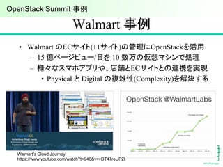Walmart 事例	
•  Walmart のECサイト(11サイト)の管理にOpenStackを活用
–  15 億ページビュー/日を 10 数万の仮想マシンで処理
–  様々なスマホアプリや、店舗とECサイトとの連携を実現
•  Physical と Digital の複雑性(Complexity)を解決する	
Walmart's Cloud Journey
https://www.youtube.com/watch?t=940&v=vDT47reUP2I	
OpenStack Summit 事例	
 