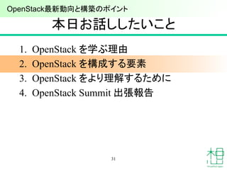 本日お話ししたいこと
1. OpenStack を学ぶ理由
2. OpenStack を構成する要素
3. OpenStack をより理解するために
4. OpenStack Summit 出張報告
31
OpenStack最新動向と構築のポイ...