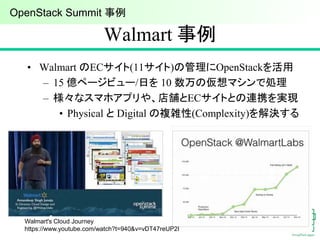 Walmart 事例
• Walmart のECサイト(11サイト)の管理にOpenStackを活用
– 15 億ページビュー/日を 10 数万の仮想マシンで処理
– 様々なスマホアプリや、店舗とECサイトとの連携を実現
• Physical ...