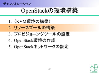 OpenStackの環境構築
1. （KVM環境の構築）
2. リソースプールの構築
3. プロビジョニングツールの設定
4. OpenStack環境の作成
5. OpenStackネットワークの設定
67
デモンストレーション
 