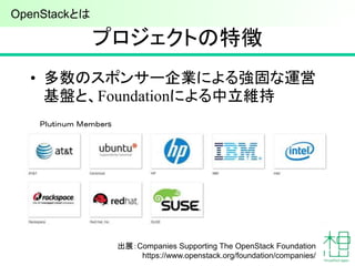 プロジェクトの特徴
• 多数のスポンサー企業による強固な運営
基盤と、Foundationによる中立維持
12
Ｐｌｕｔｉｎｕｍ Ｍｅｍｂｅｒs
出展：Companies Supporting The OpenStack Foundation
https://www.openstack.org/foundation/companies/
OpenStackとは
 
