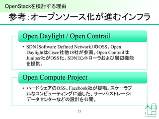 参考：オープンソース化が進むインフラ
21
• SDN（Software Defined Network）のOSS。Open
DaylightはCisco社他18社が参画。Open Contrailは
Juniper社がOSS化。SDNコントローラおよび周辺機能
を提供。
Open Daylight / Open Contrail
• ハードウェアのOSS。Facebook社が提唱。スケーラブ
ルなコンピューティングに適した、サーバ/ストレージ/
データセンターなどの設計を公開。
Open Compute Project
OpenStackを検討する理由
 