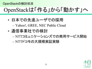 OpenStackは「作る」から「動かす」へ
• 日本での先進ユーザでの採用
– Yahoo!, GREE, NEC Public Cloud
• 通信事業社での検討
– NTTコミュニケーションズでの商用サービス開始
– NTTドコモの大規模実証実験
23
OpenStackの検討状況
 