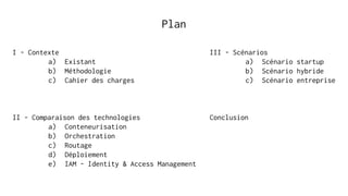 I - Contexte
a) Existant
b) Méthodologie
c) Cahier des charges
II - Comparaison des technologies
a) Conteneurisation
b) Orchestration
c) Routage
d) Déploiement
e) IAM - Identity & Access Management
Plan
III - Scénarios
a) Scénario startup
b) Scénario hybride
c) Scénario entreprise
Conclusion