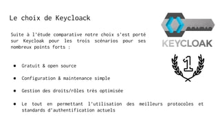 Le choix de Keycloack
Suite à l’étude comparative notre choix s’est porté
sur Keycloak pour les trois scénarios pour ses
nombreux points forts :
● Gratuit & open source
● Configuration & maintenance simple
● Gestion des droits/rôles très optimisée
● Le tout en permettant l’utilisation des meilleurs protocoles et
standards d’authentification actuels