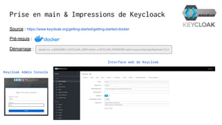 Prise en main & Impressions de Keycloack
Pré-requis :
docker run - p 8080:8080 -e KEYCLOAK_USER=admin -e KEYCLOAK_PASSWORD=admin quay.io/keycloak/keycloak:12.0.4
Démarrage :
Keycloak Admin Console
Interface web de Keycloak
Source : https://www.keycloak.org/getting-started/getting-started-docker
