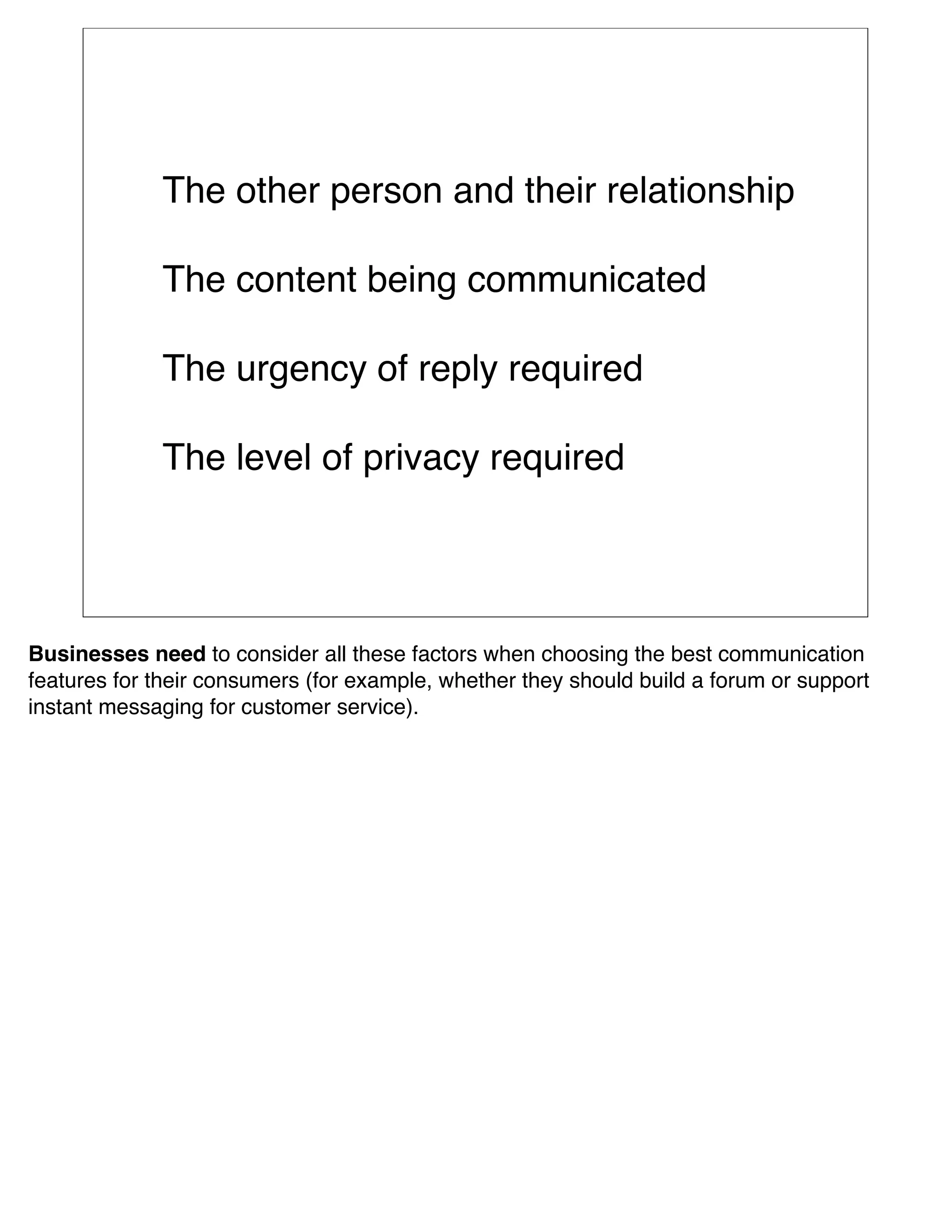 The other person and their relationship

             The content being communicated

             The urgency of reply required

             The level of privacy required




Businesses need to consider all these factors when choosing the best communication
features for their consumers (for example, whether they should build a forum or support
instant messaging for customer service).
 