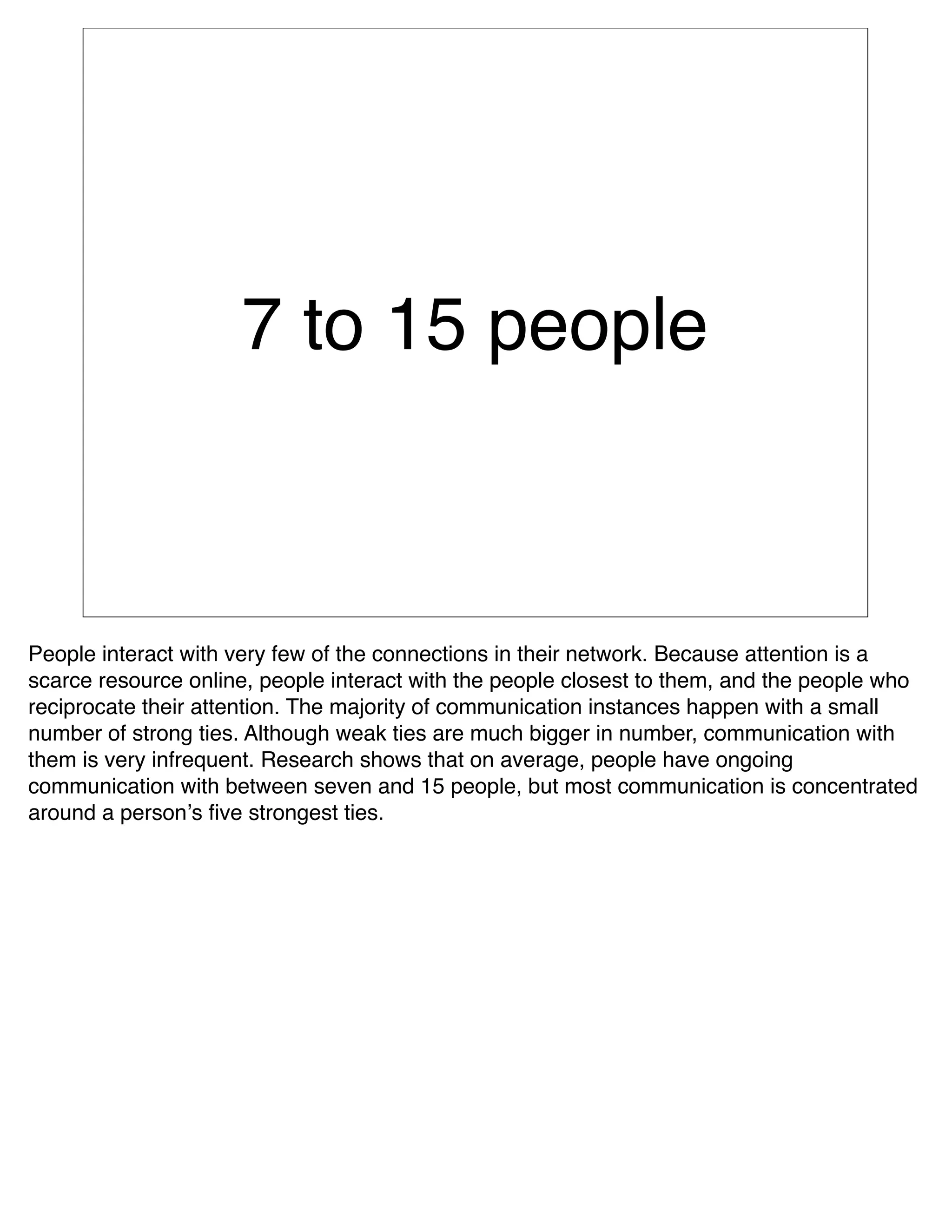 7 to 15 people



People interact with very few of the connections in their network. Because attention is a
scarce resource online, people interact with the people closest to them, and the people who
reciprocate their attention. The majority of communication instances happen with a small
number of strong ties. Although weak ties are much bigger in number, communication with
them is very infrequent. Research shows that on average, people have ongoing
communication with between seven and 15 people, but most communication is concentrated
around a personʼs ﬁve strongest ties.
 