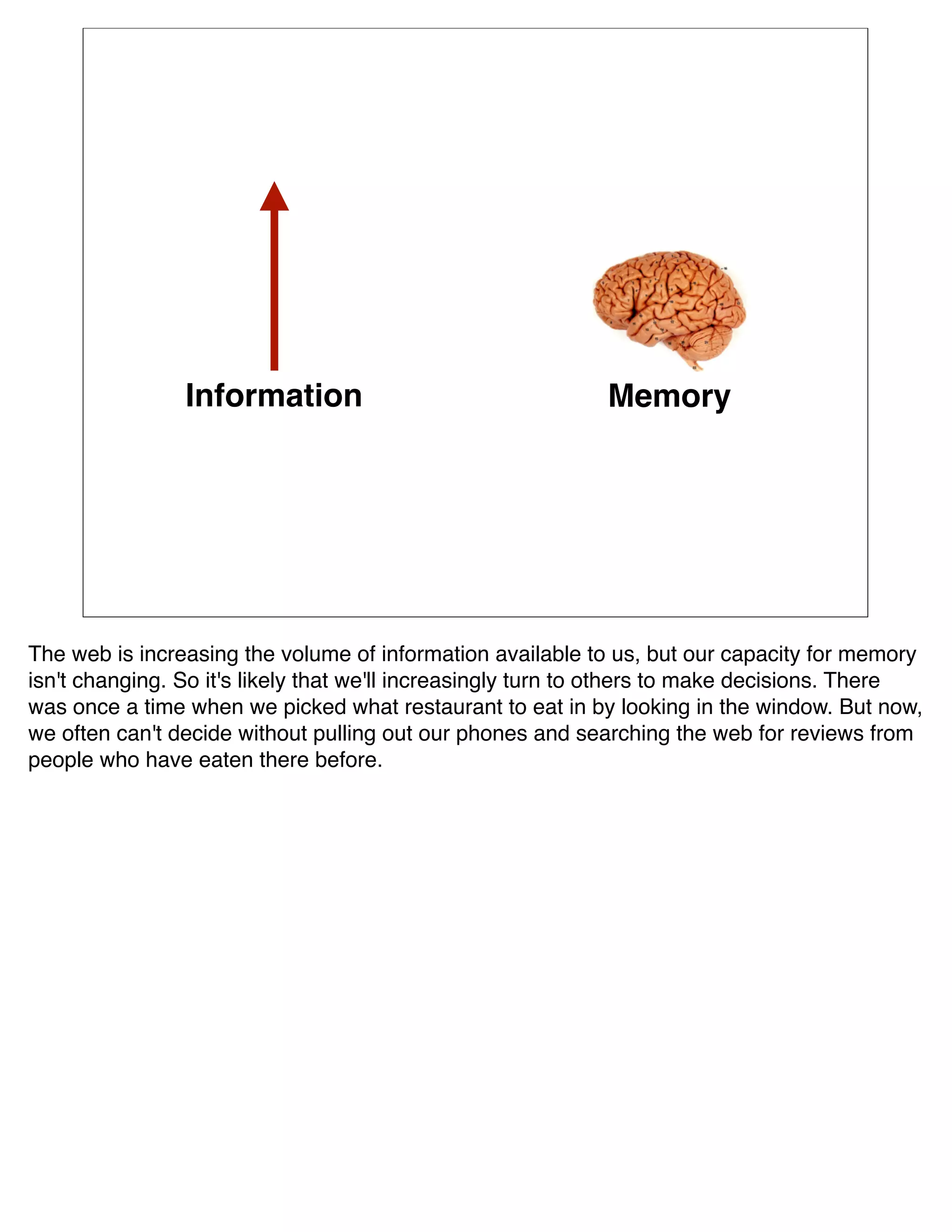 Information                                 Memory




The web is increasing the volume of information available to us, but our capacity for memory
isn't changing. So it's likely that we'll increasingly turn to others to make decisions. There
was once a time when we picked what restaurant to eat in by looking in the window. But now,
we often can't decide without pulling out our phones and searching the web for reviews from
people who have eaten there before.
 