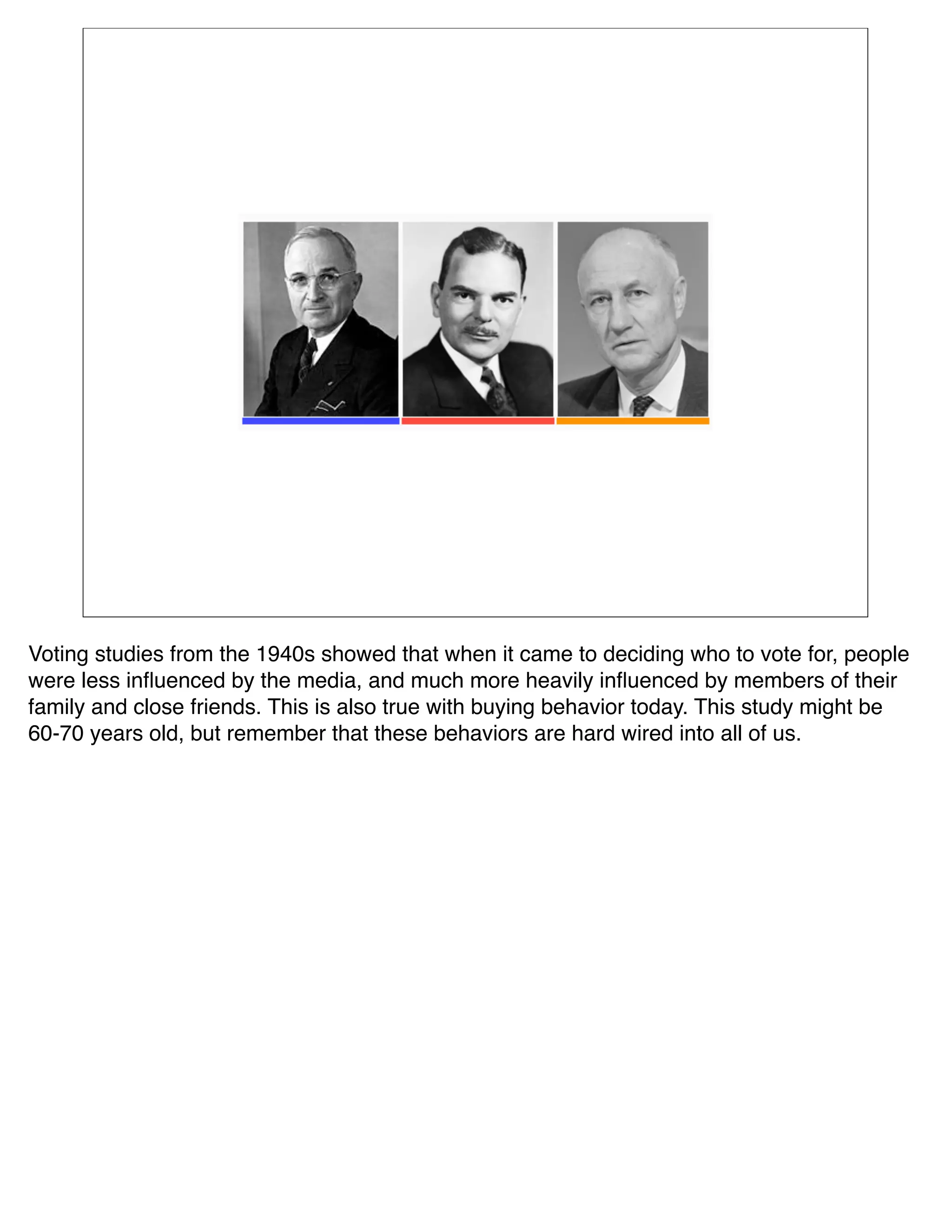 Voting studies from the 1940s showed that when it came to deciding who to vote for, people
were less inﬂuenced by the media, and much more heavily inﬂuenced by members of their
family and close friends. This is also true with buying behavior today. This study might be
60-70 years old, but remember that these behaviors are hard wired into all of us.
 