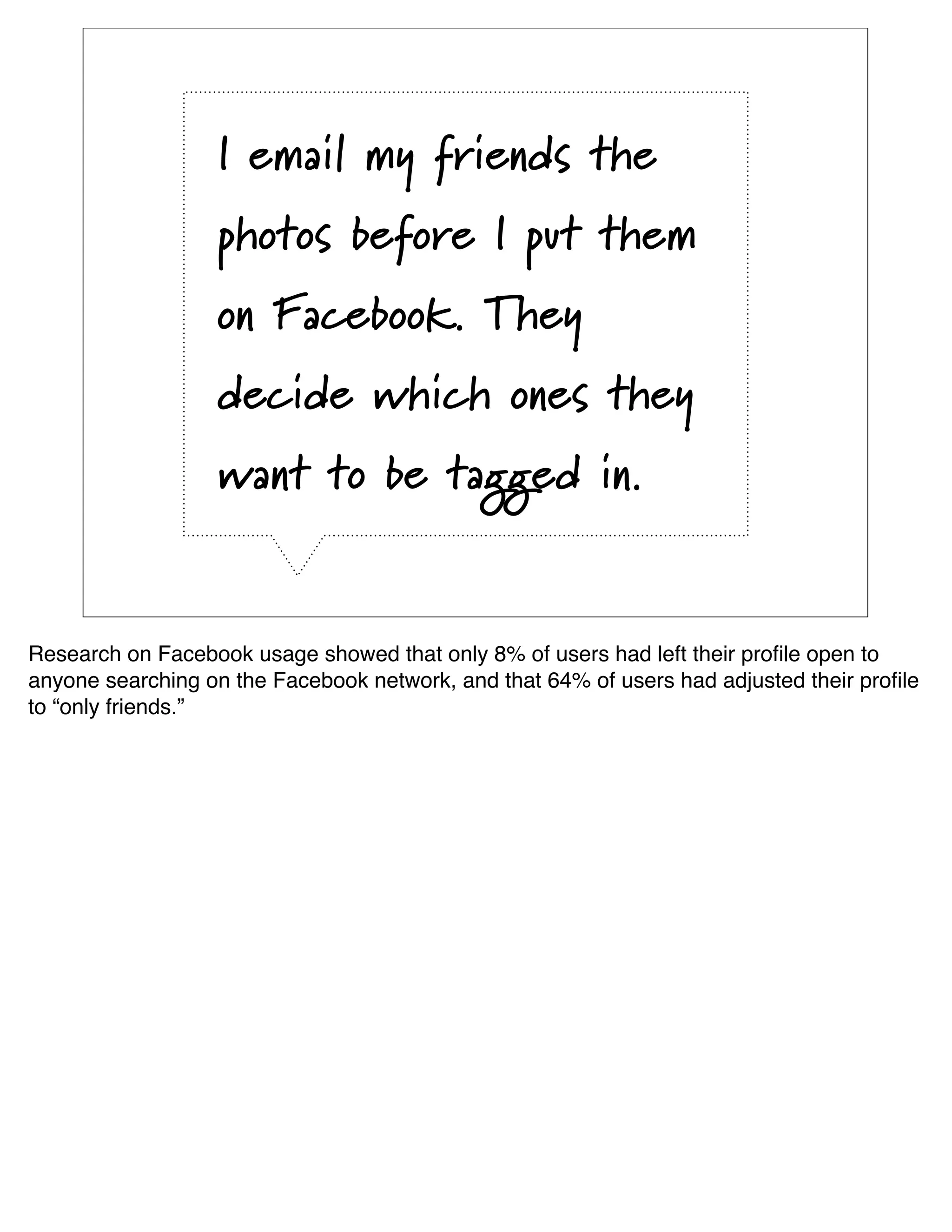 I email my friends the
                  photos before I put them
                  on Facebook. They
                  decide which ones they
                  want to be tagged in.


Research on Facebook usage showed that only 8% of users had left their proﬁle open to
anyone searching on the Facebook network, and that 64% of users had adjusted their proﬁle
to “only friends.”
 