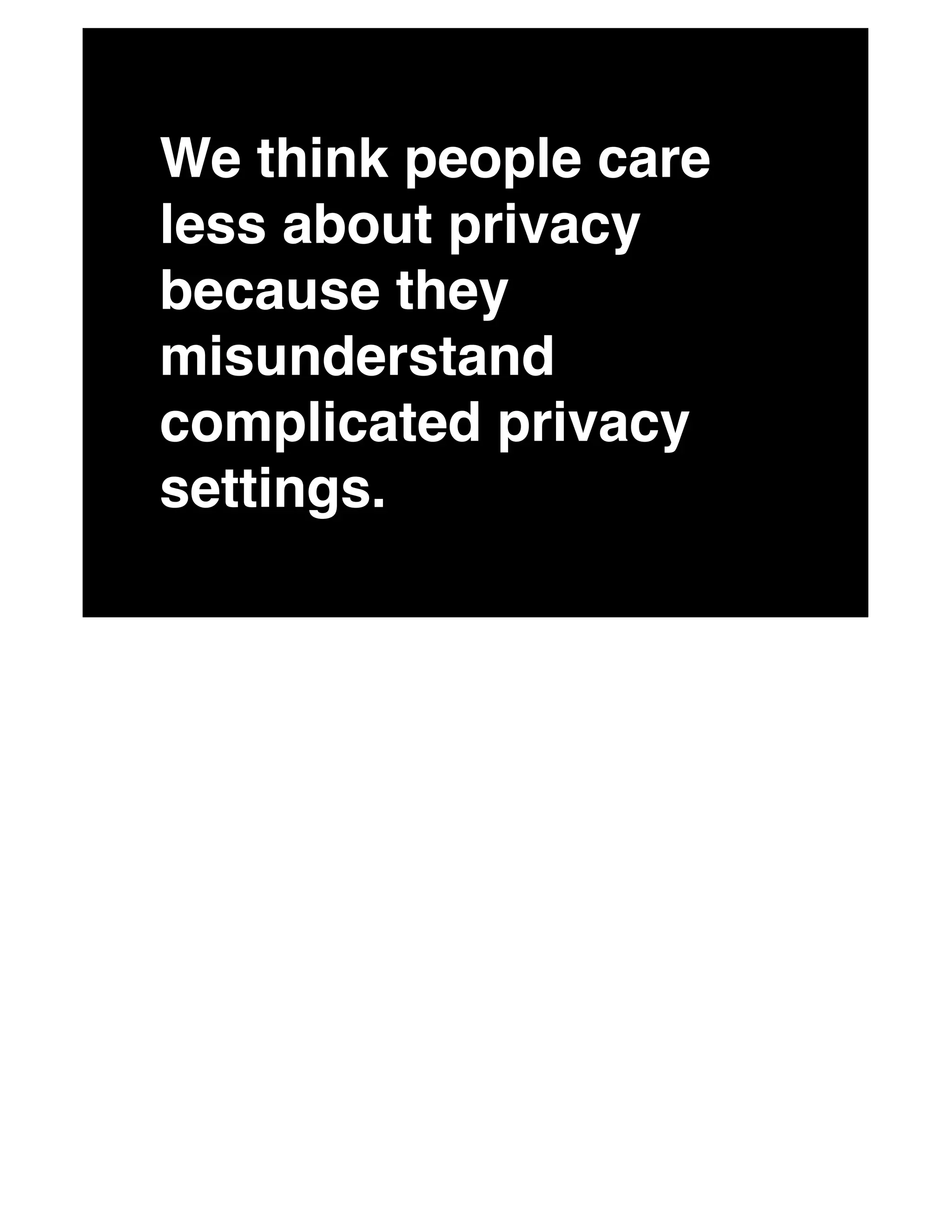 We think people care
less about privacy
because they
misunderstand
complicated privacy
settings.
 