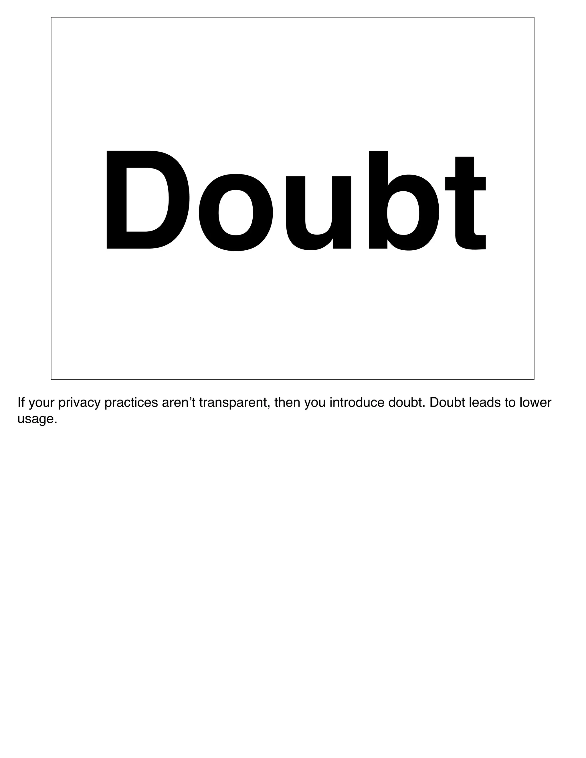 Doubt
If your privacy practices arenʼt transparent, then you introduce doubt. Doubt leads to lower
usage.
 