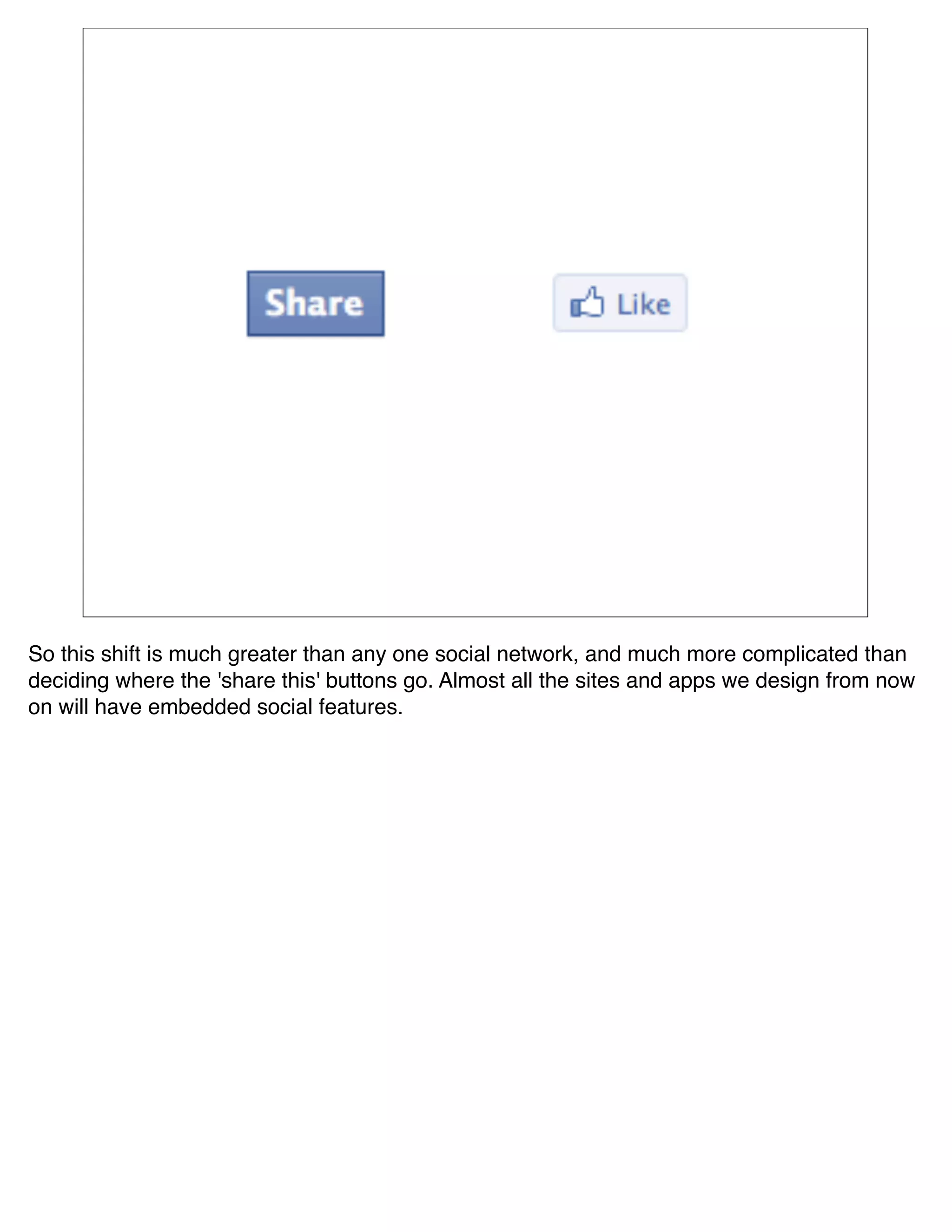 So this shift is much greater than any one social network, and much more complicated than
deciding where the 'share this' buttons go. Almost all the sites and apps we design from now
on will have embedded social features.
 