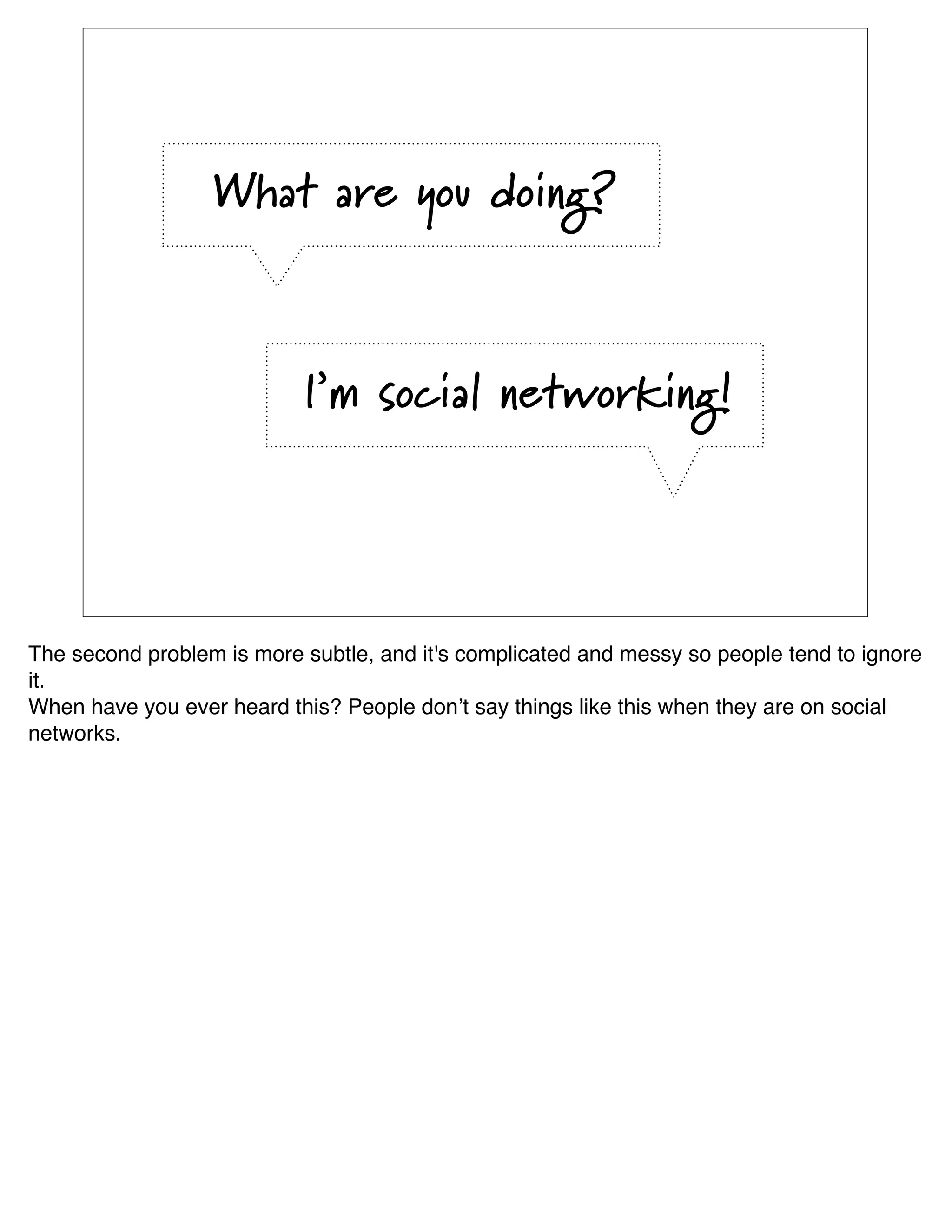 What are you doing?



                           I’m social networking!




The second problem is more subtle, and it's complicated and messy so people tend to ignore
it. 
When have you ever heard this? People donʼt say things like this when they are on social
networks.
 