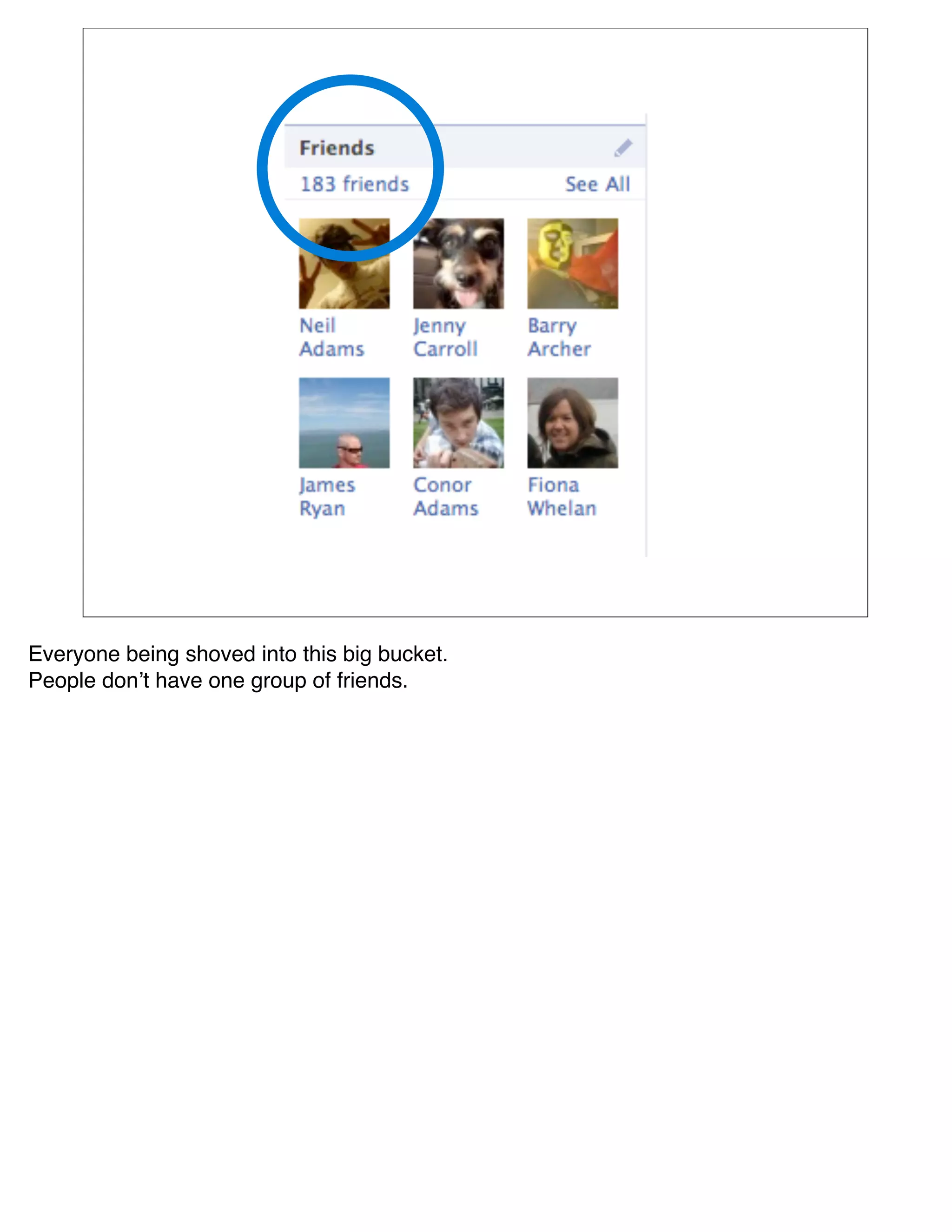 Everyone being shoved into this big bucket. 
People donʼt have one group of friends.
 