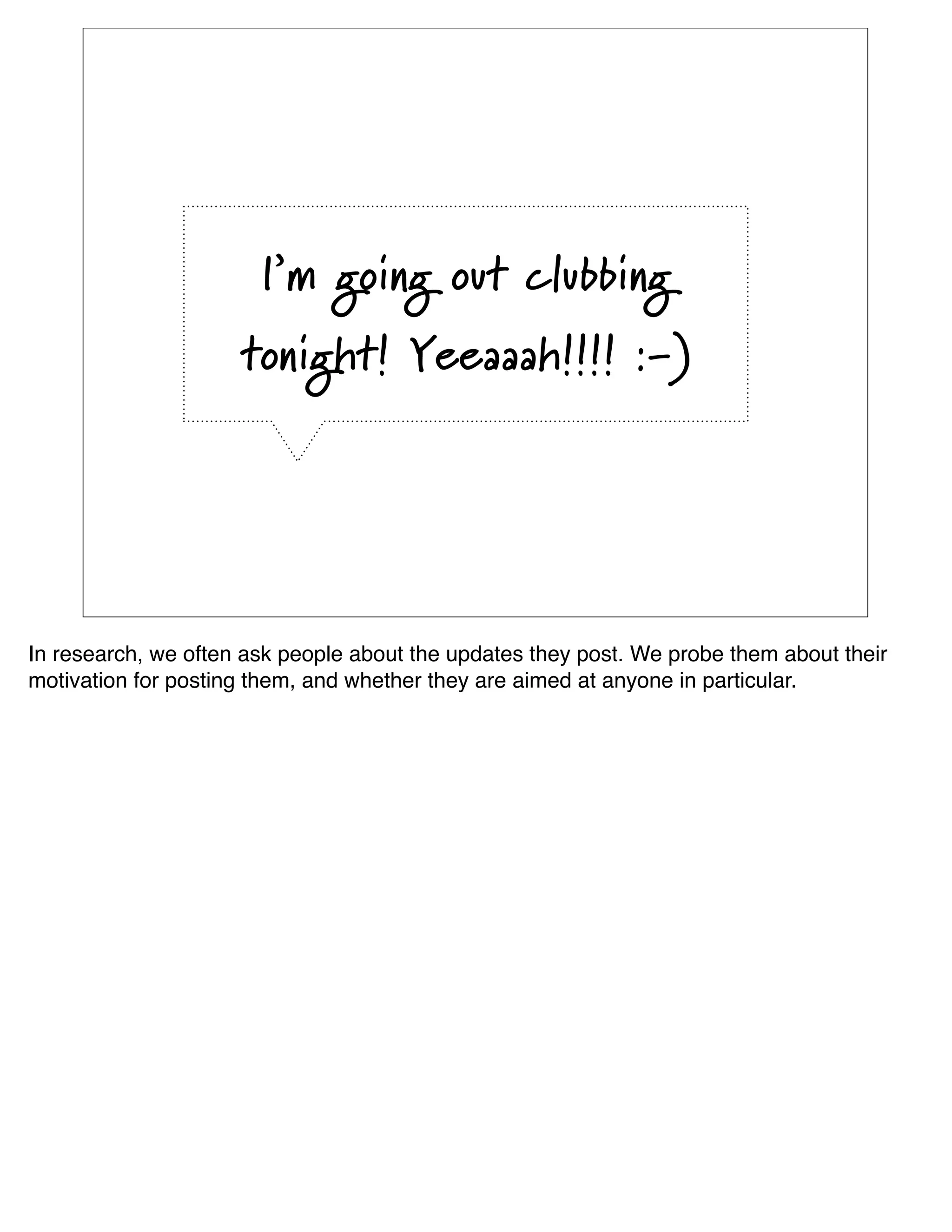 I’m going out clubbing
                     tonight! Yeeaaah!!!! :-)




In research, we often ask people about the updates they post. We probe them about their
motivation for posting them, and whether they are aimed at anyone in particular.
 