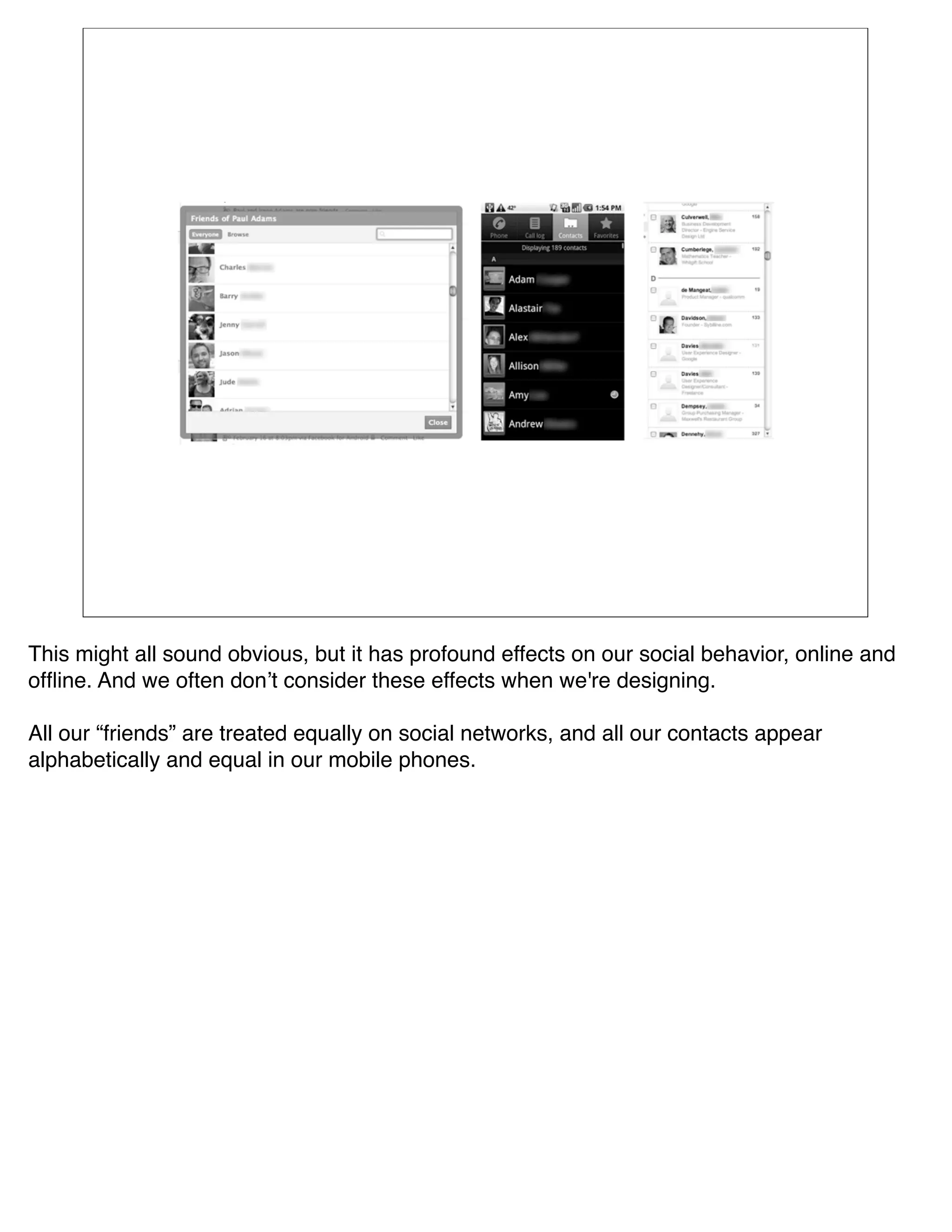 This might all sound obvious, but it has profound effects on our social behavior, online and
ofﬂine. And we often donʼt consider these effects when we're designing. 

All our “friends” are treated equally on social networks, and all our contacts appear
alphabetically and equal in our mobile phones.
 