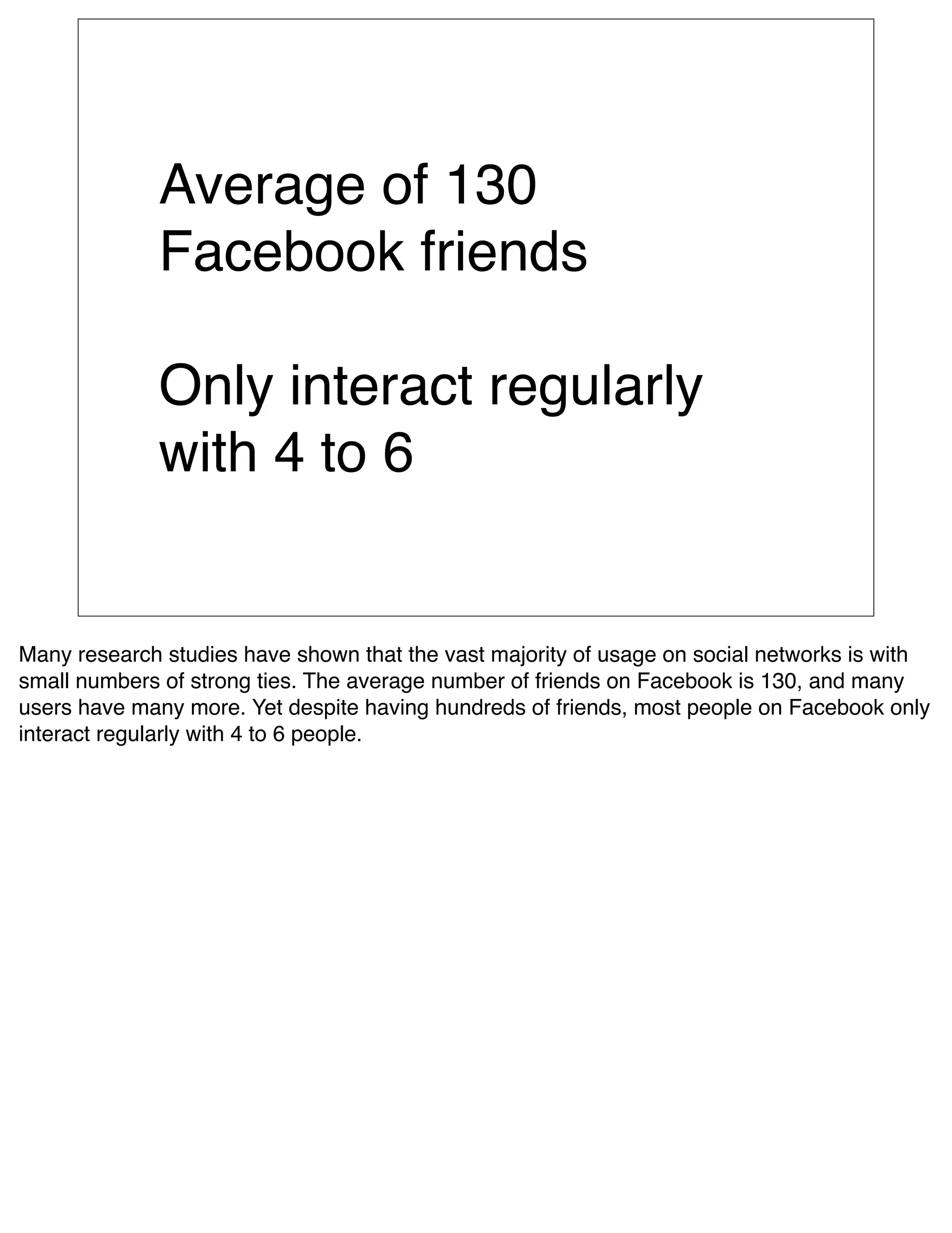 Average of 130
             Facebook friends

             Only interact regularly
             with 4 to 6


Many research studies have shown that the vast majority of usage on social networks is with
small numbers of strong ties. The average number of friends on Facebook is 130, and many
users have many more. Yet despite having hundreds of friends, most people on Facebook only
interact regularly with 4 to 6 people.
 