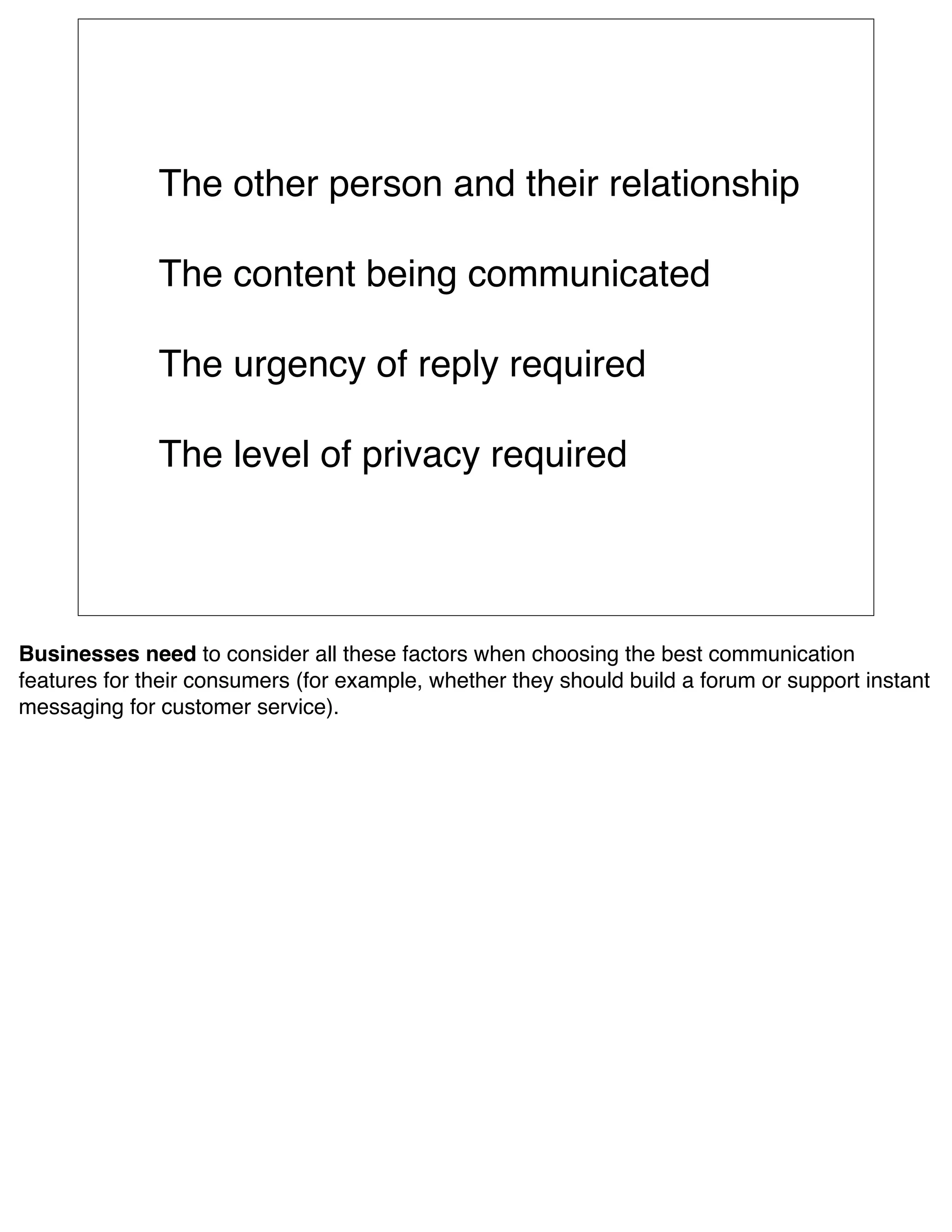 The other person and their relationship

              The content being communicated

              The urgency of reply required

              The level of privacy required




Businesses need to consider all these factors when choosing the best communication
features for their consumers (for example, whether they should build a forum or support instant
messaging for customer service).
 