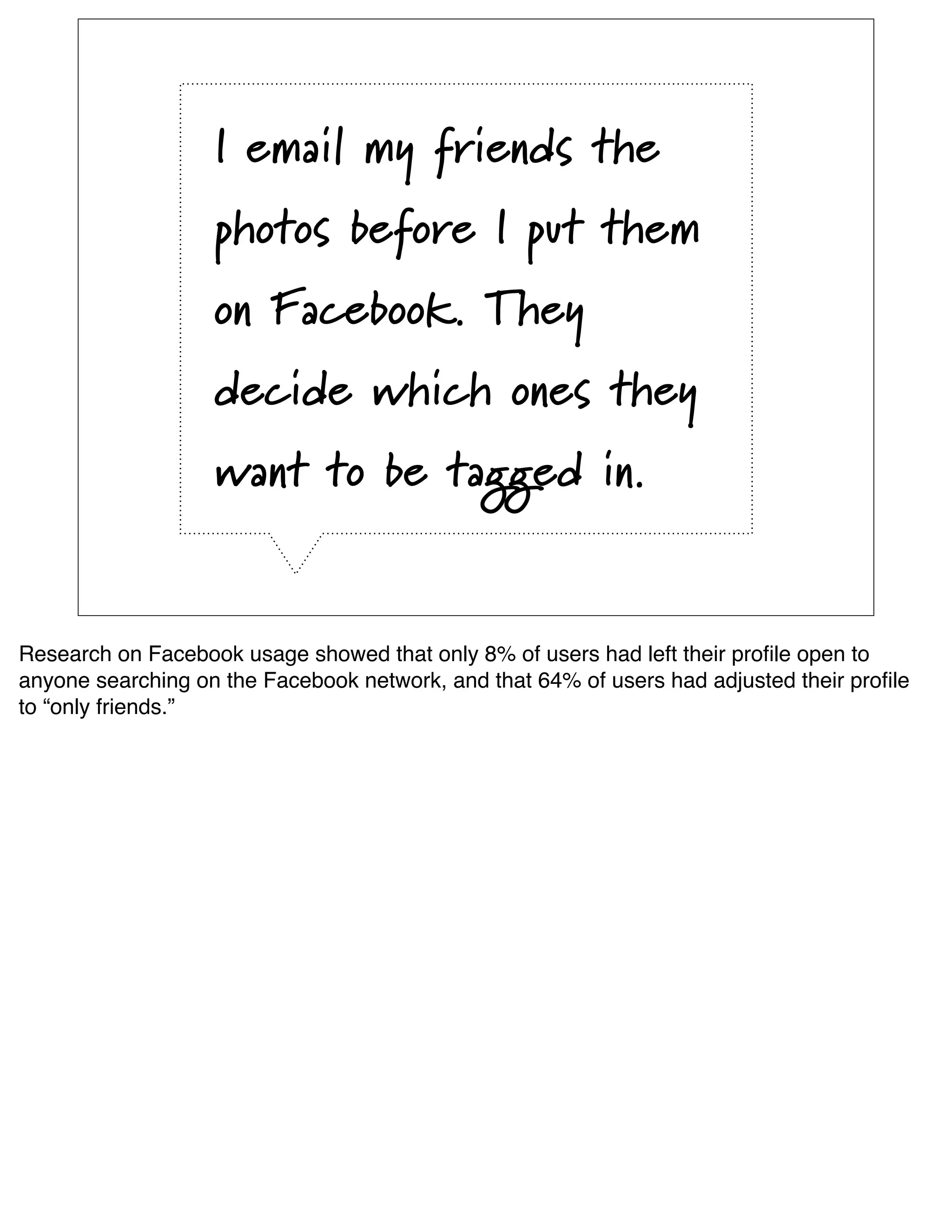 I email my friends the
                   photos before I put them
                   on Facebook. They
                   decide which ones they
                   want to be tagged in.


Research on Facebook usage showed that only 8% of users had left their proﬁle open to
anyone searching on the Facebook network, and that 64% of users had adjusted their proﬁle
to “only friends.”
 